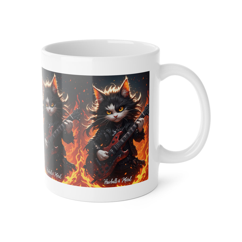 Rock Cat Mug — Cute Black Cat Playing Electric Guitar with Flames, 11oz Ceramic Coffee Cup