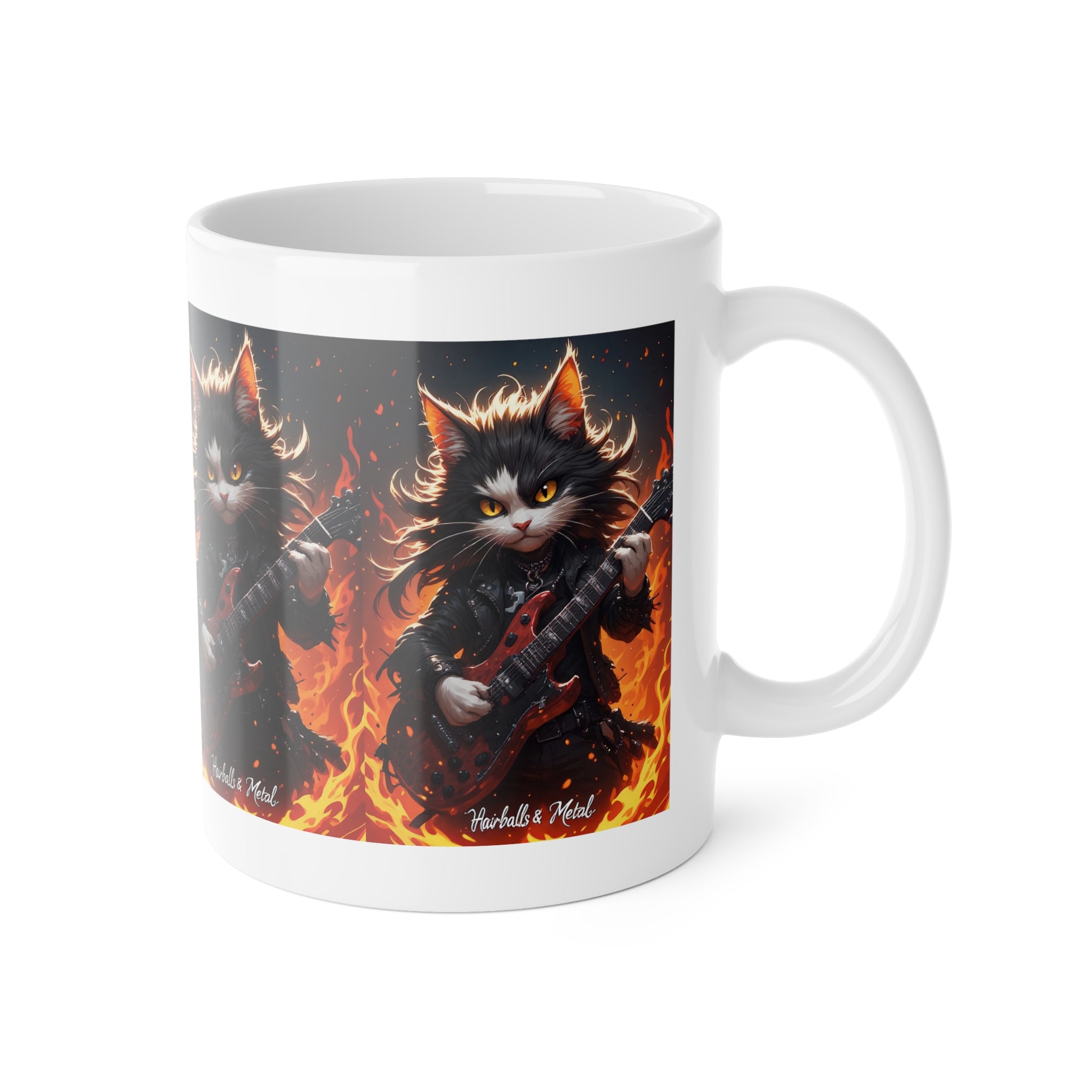 Rock Cat Mug — Cute Black Cat Playing Electric Guitar with Flames, 11oz Ceramic Coffee Cup