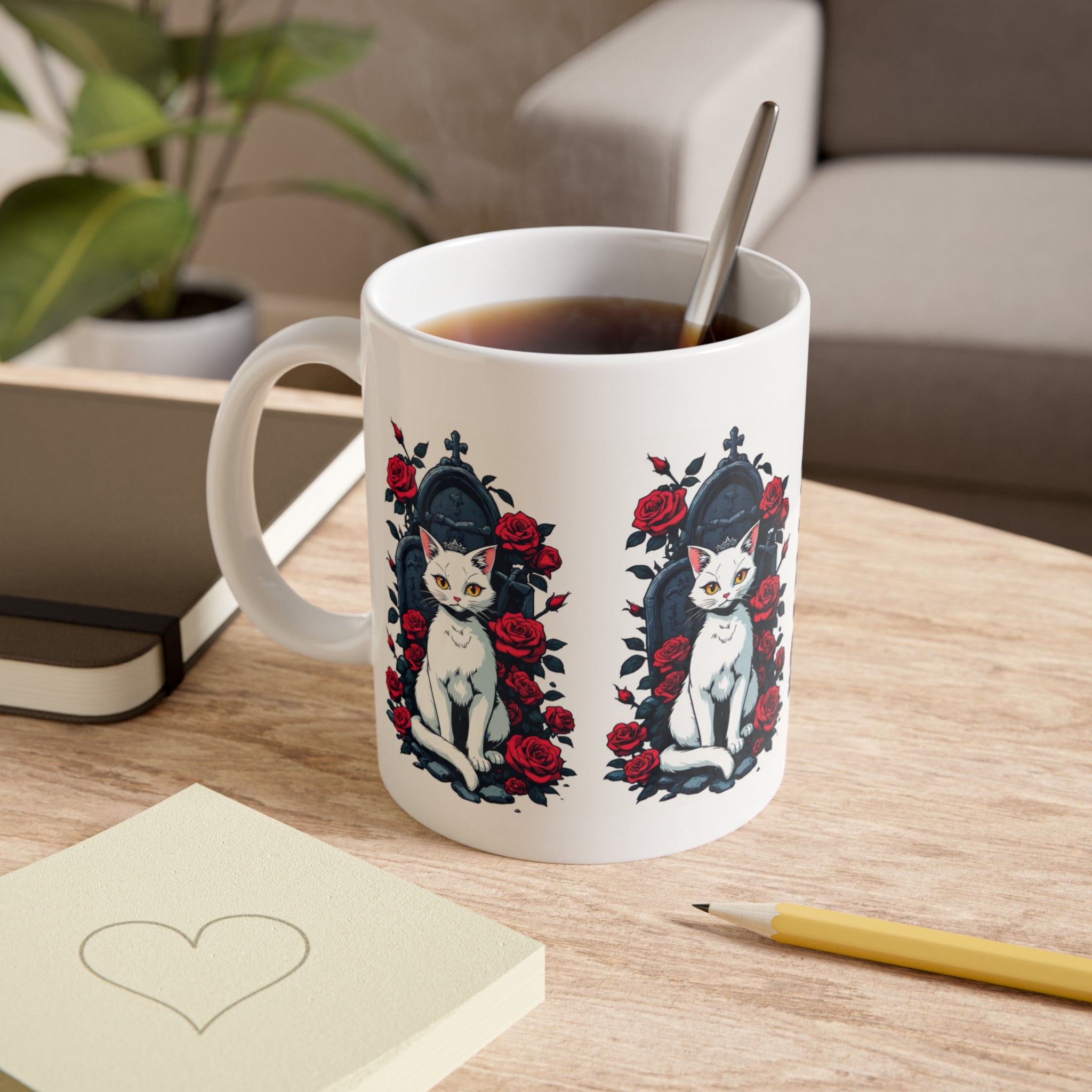 White Cat & Red Roses Ceramic Mug — Gothic Floral 11oz Coffee Cup