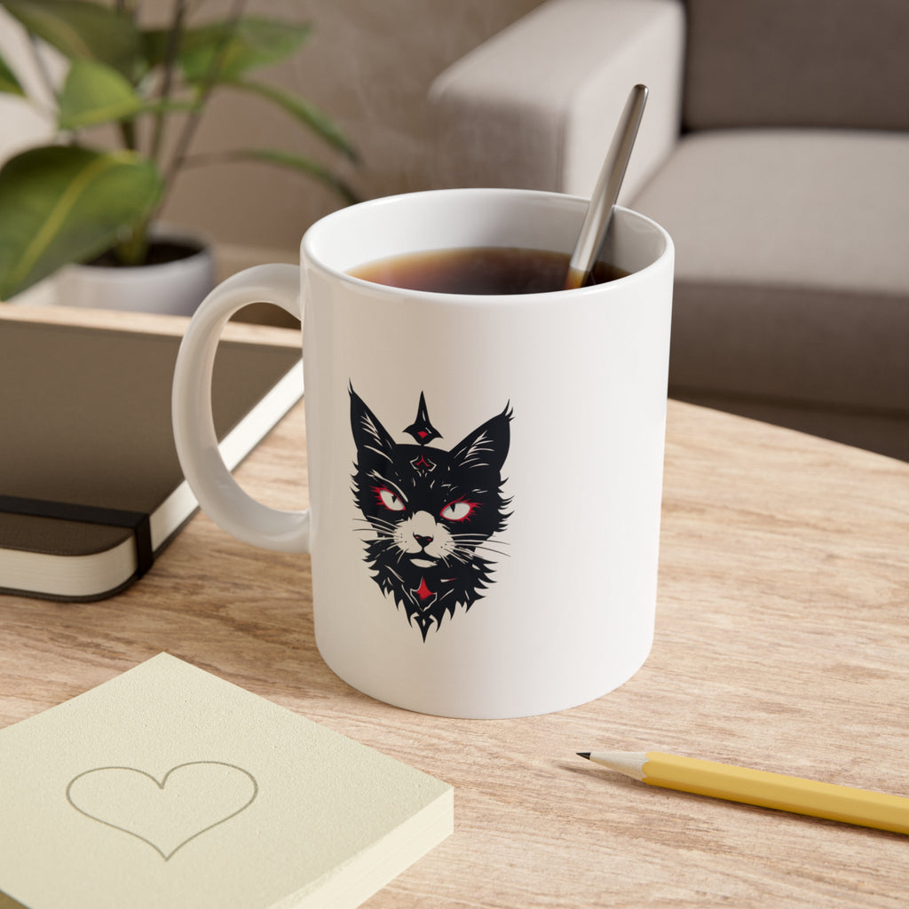 Mystic Black Cat Ceramic Mug — Gothic Cat Head Design, 11oz