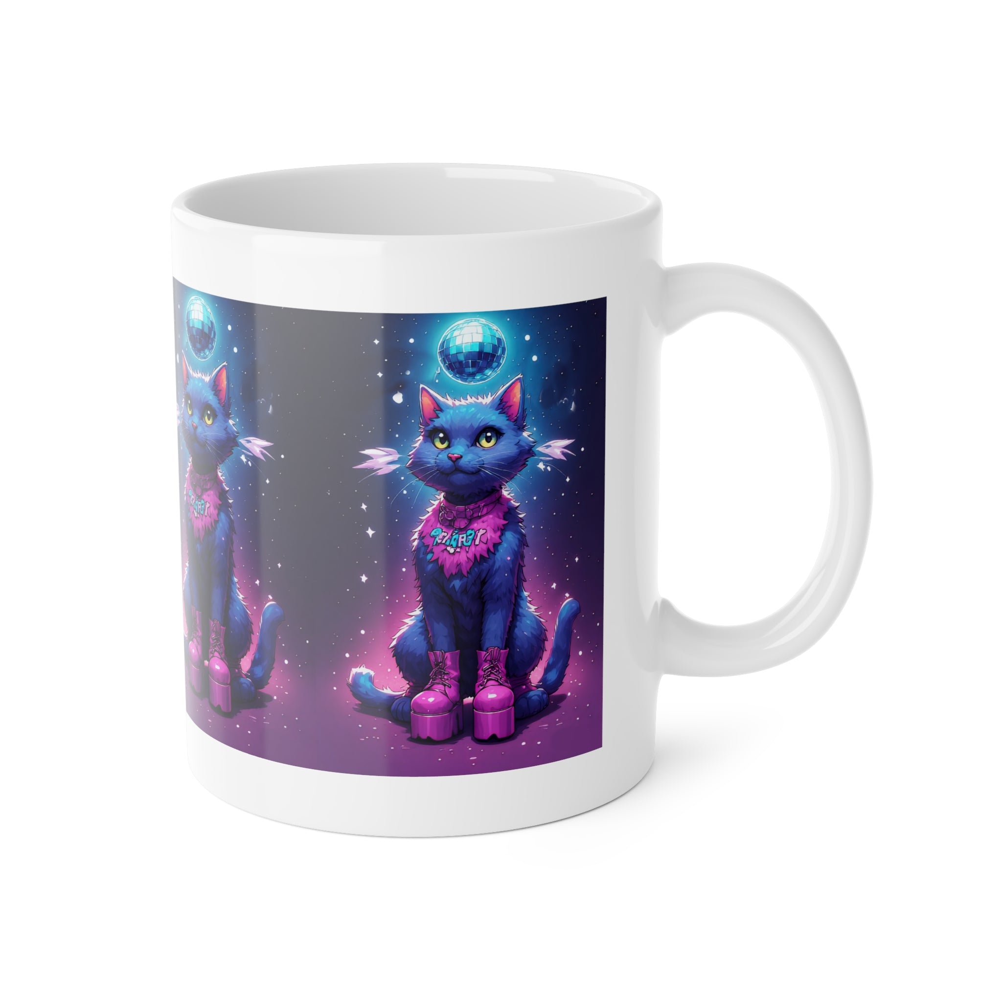Cosmic Cat Ceramic Mug — 11oz Purple Space Kitty Coffee Cup