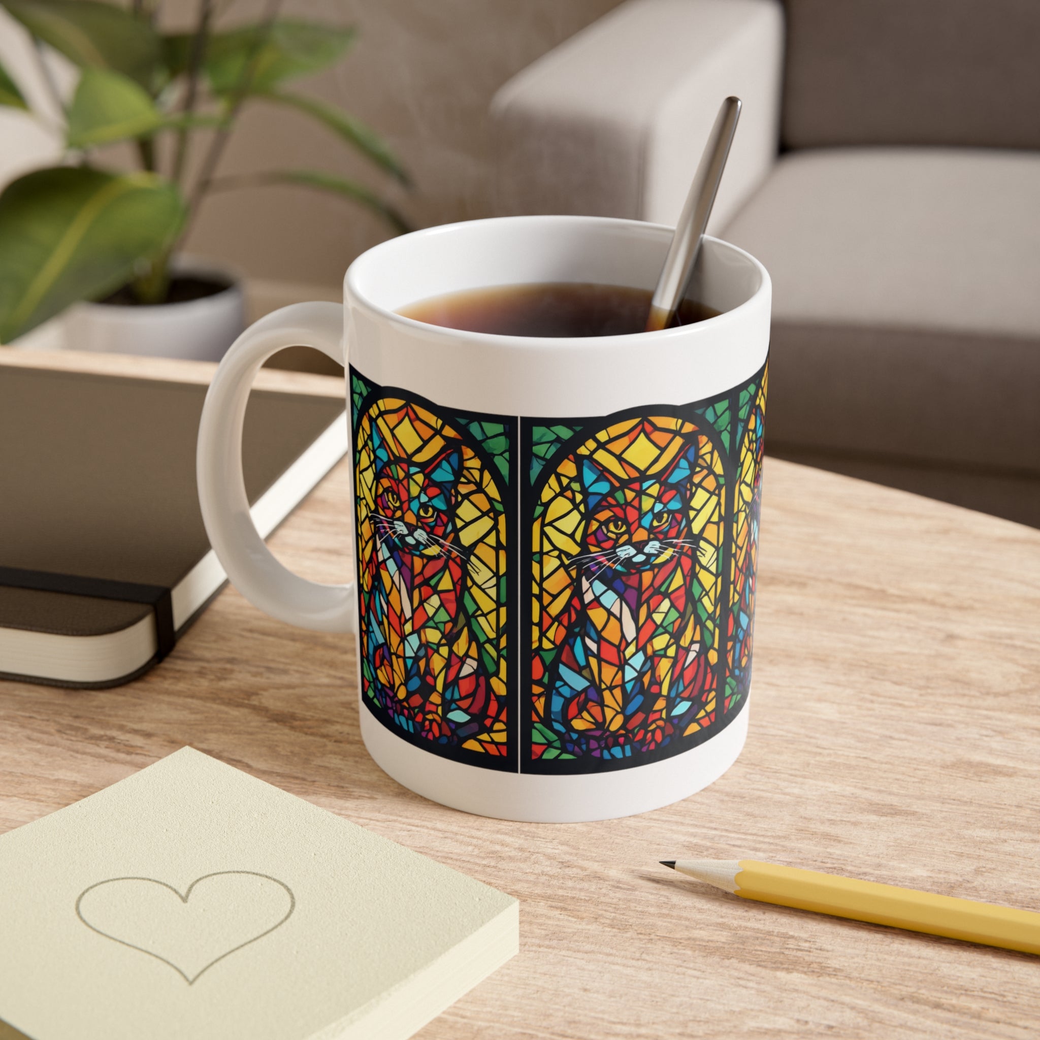 Stained Glass Cat Mug — 11oz Ceramic Coffee Cup, Colorful Cathedral-Style Cat Art