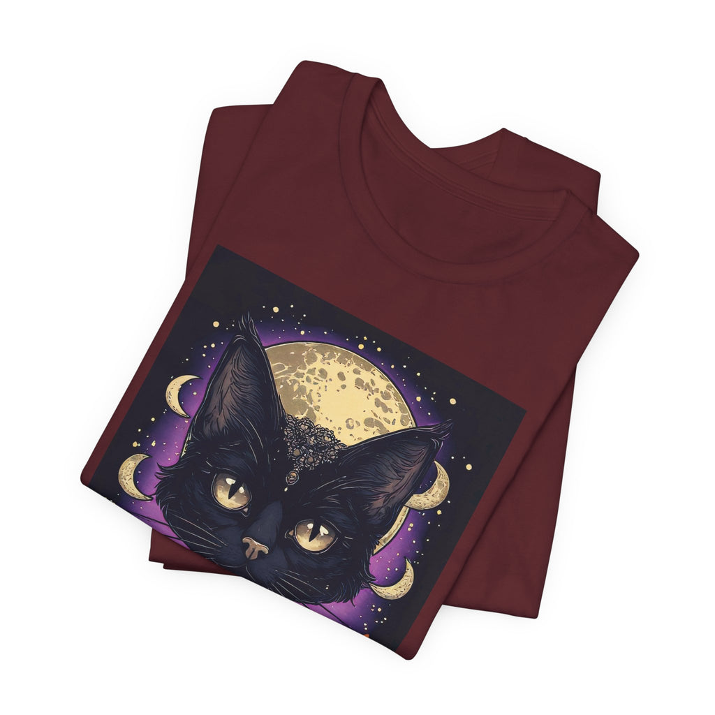 Mystic Black Cat Tee — Moon, Candles & Crescent Phases Graphic T-Shirt