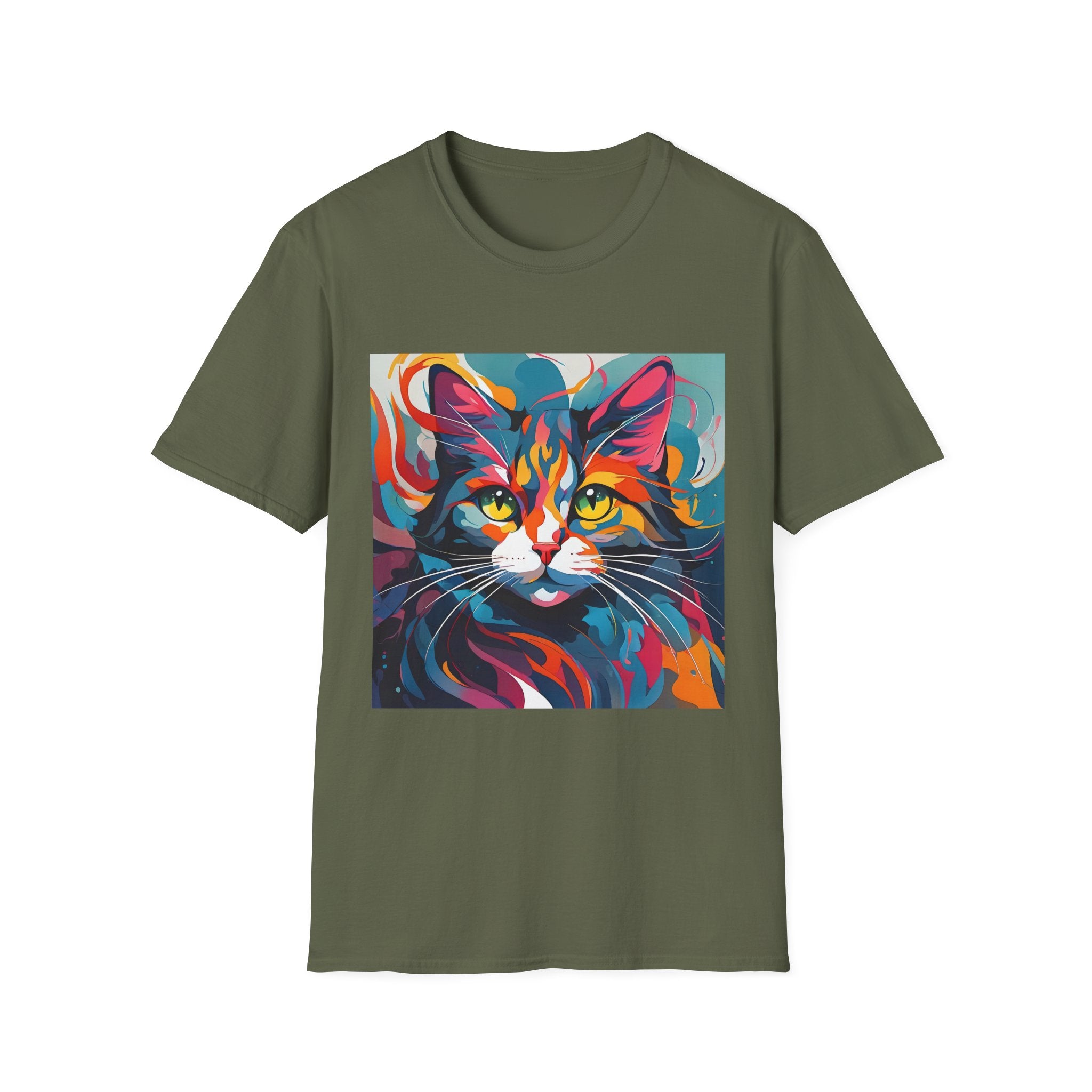Colorful Cat Portrait T-Shirt — Vibrant Abstract Kitty Tee