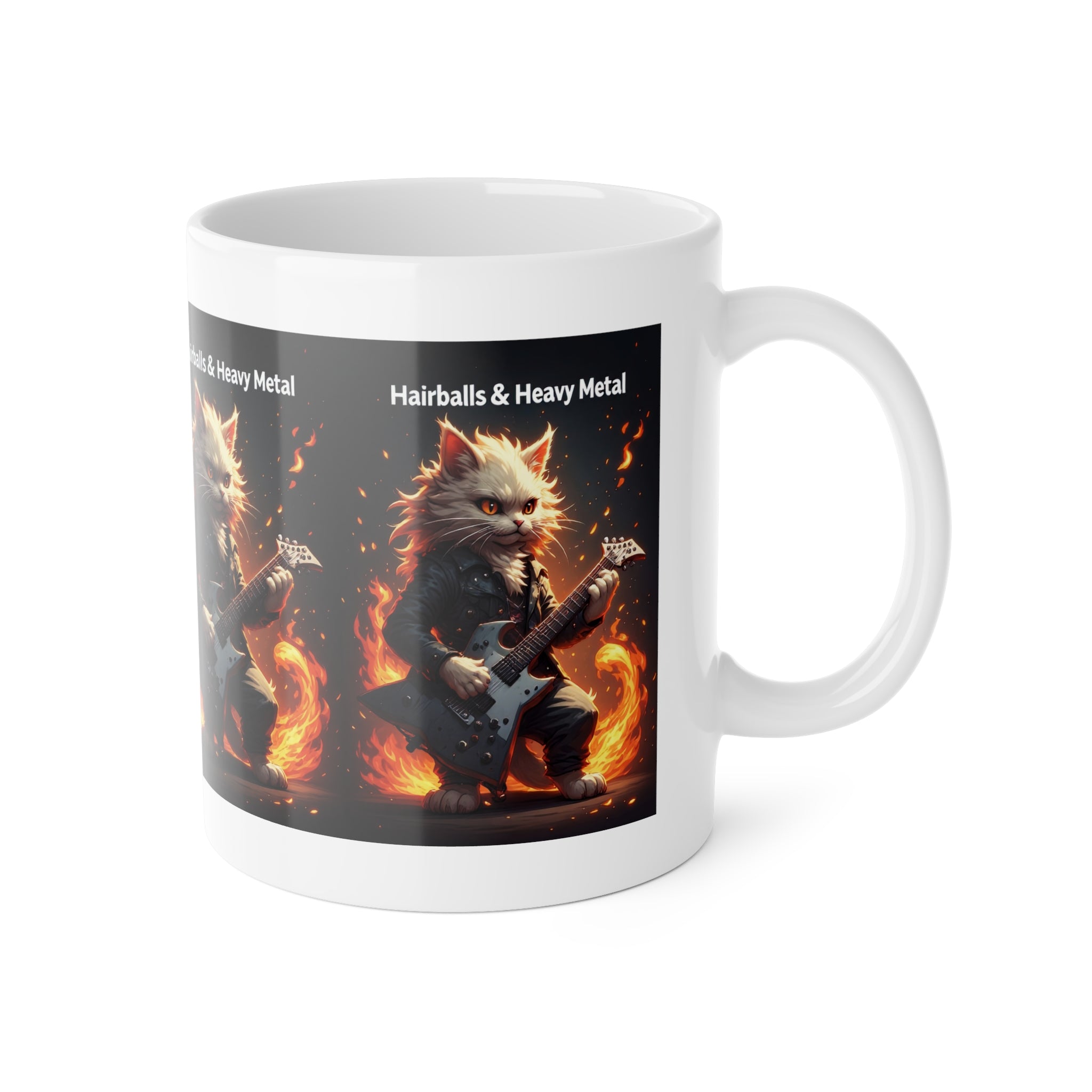 Hairballs & Heavy Metal Mug — Fiery Guitar-Playing Cat Coffee Cup