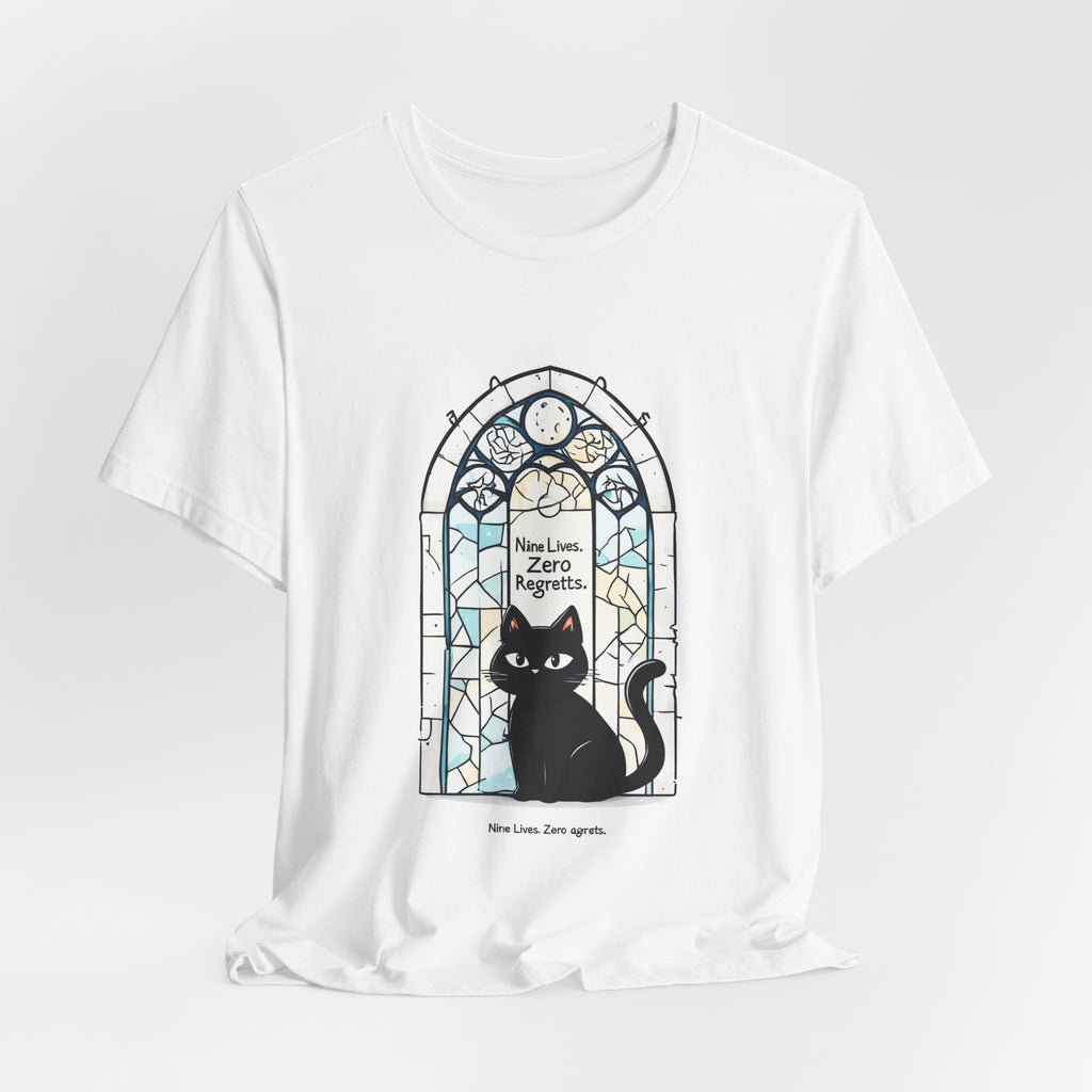 Cat Stained Glass Tee — 'No Lives, Zero Regrets' Graphic T-Shirt