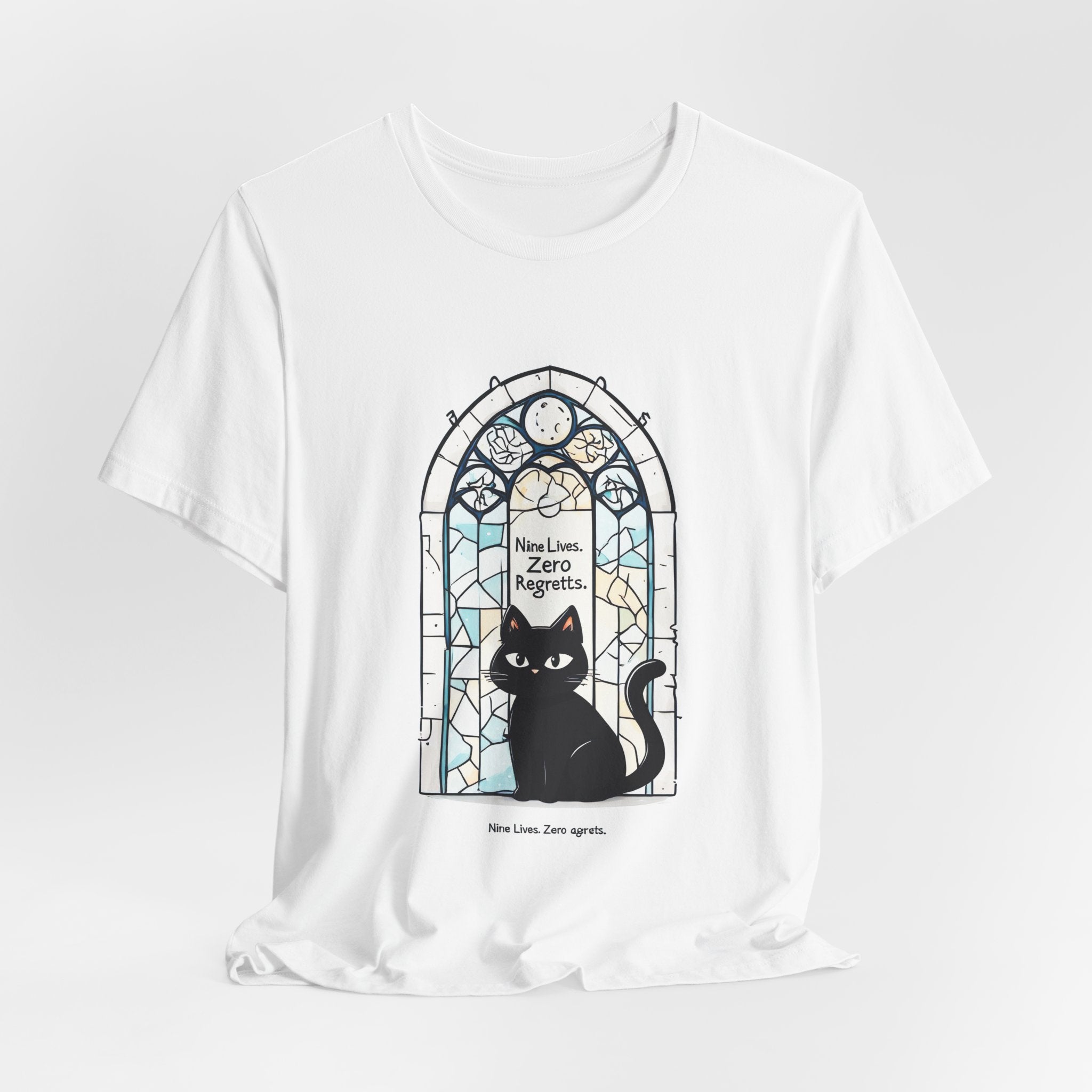 Cat Stained Glass Tee — 'No Lives, Zero Regrets' Graphic T-Shirt