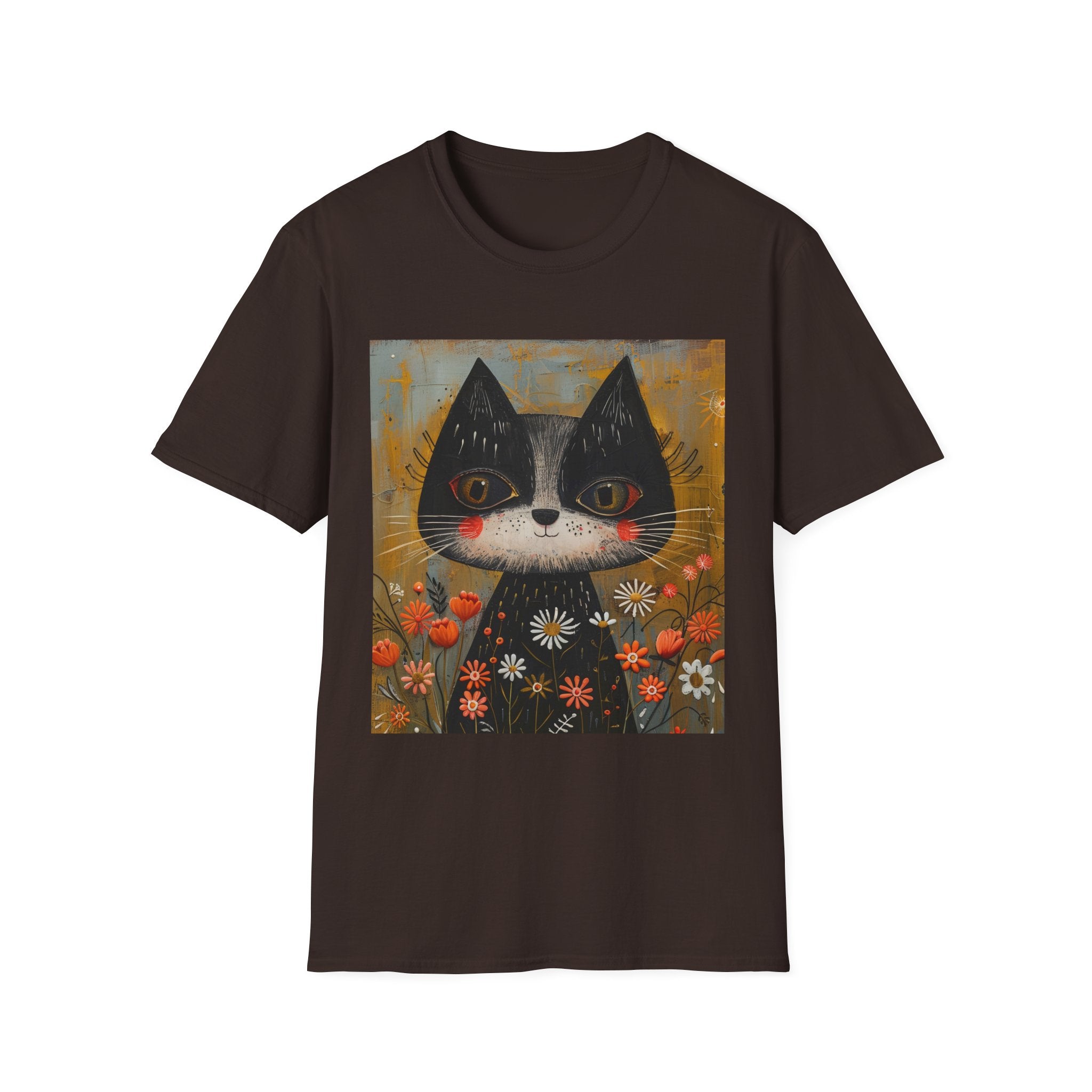Whimsical Black & White Cat Tee — Cute Floral Portrait T-Shirt