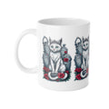 Gothic Cat & Graveyard Ceramic Mug — White Cat with Tombstones & Red Roses, 11oz
