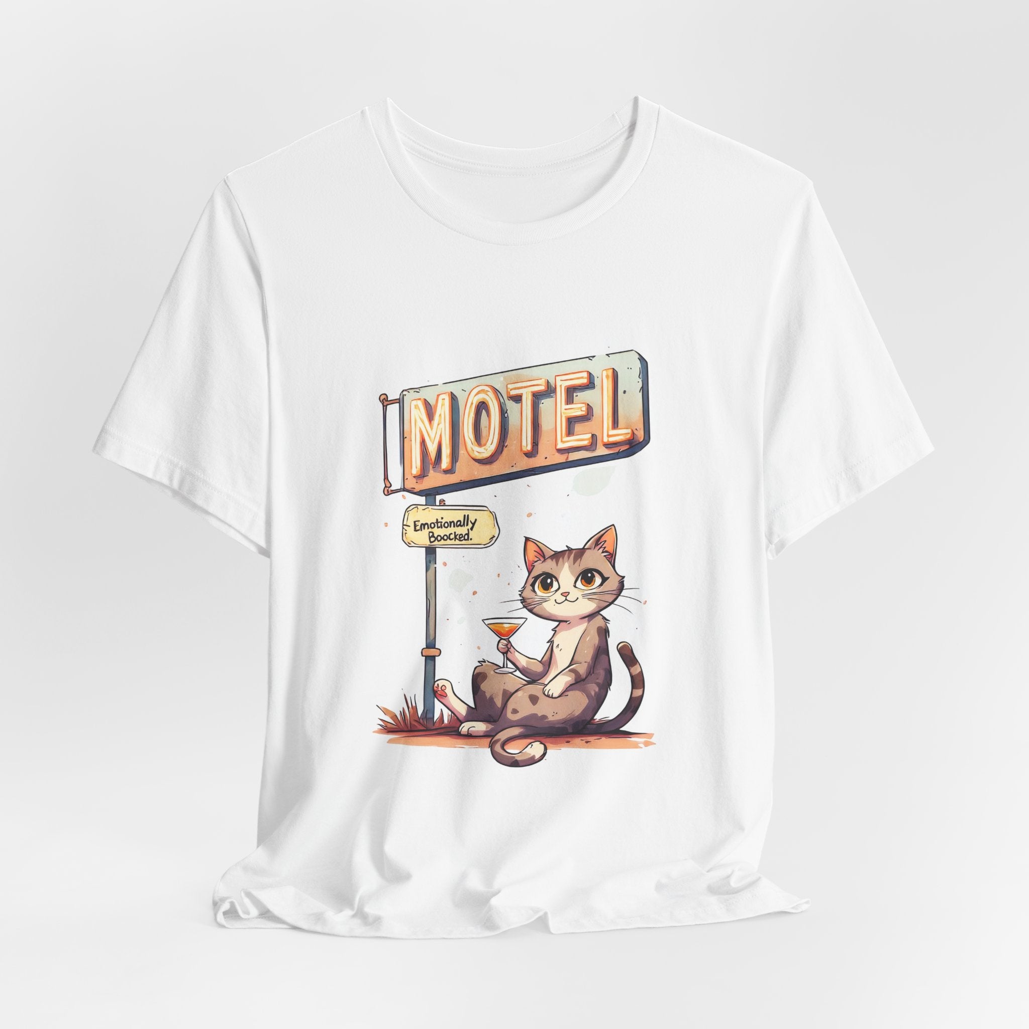 Motel Cat Tee — Vintage Roadside Cat Drinking Cocktail Graphic T-Shirt
