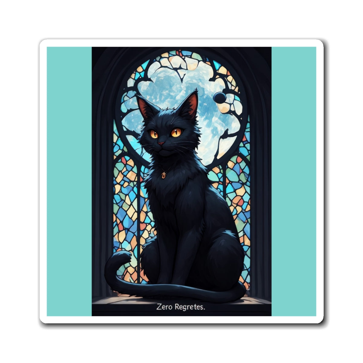 Black Cat "Zero Regrettes" Magnet — Gothic Stained Glass Fridge Art