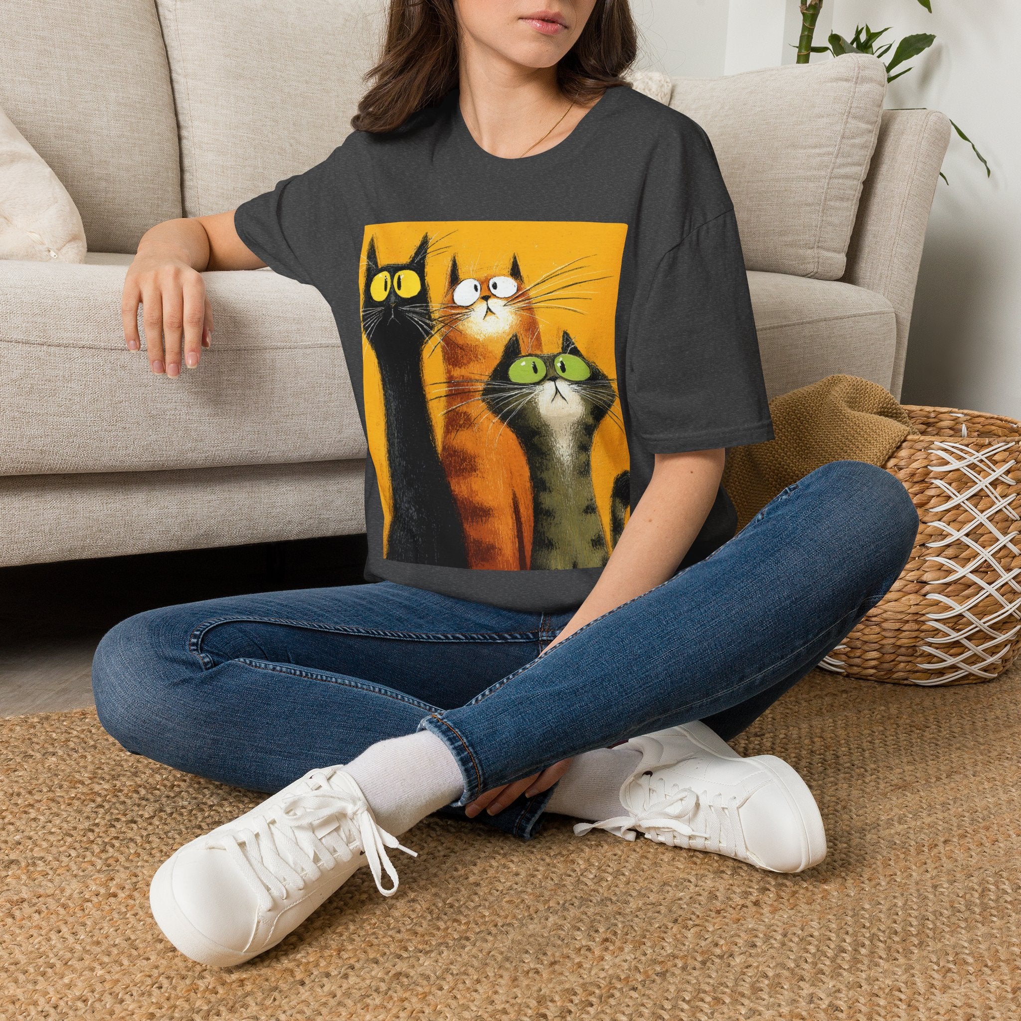 Cat Trio Graphic T-Shirt — Cute Whimsical Cats Art Tee