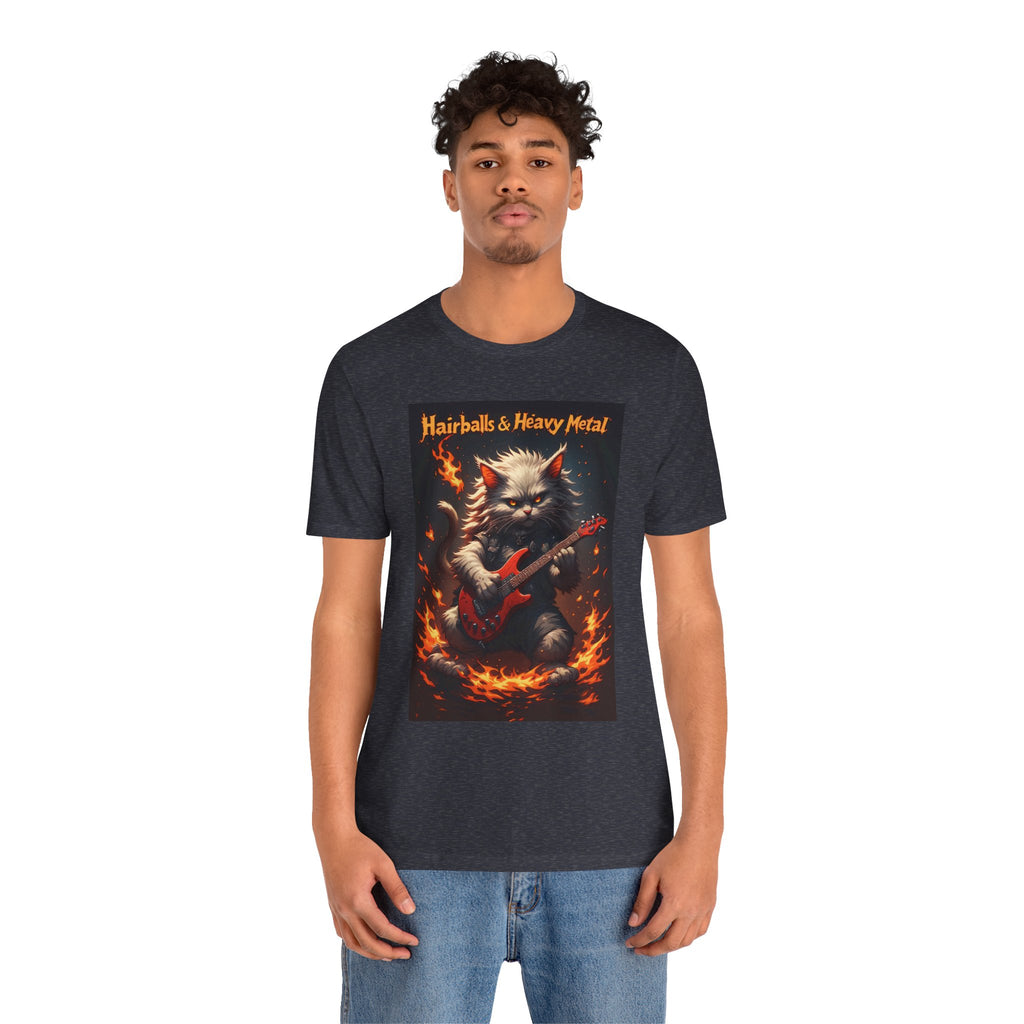 Hairballs & Heavy Metal T‑Shirt — Cat Guitarist Rock Tee
