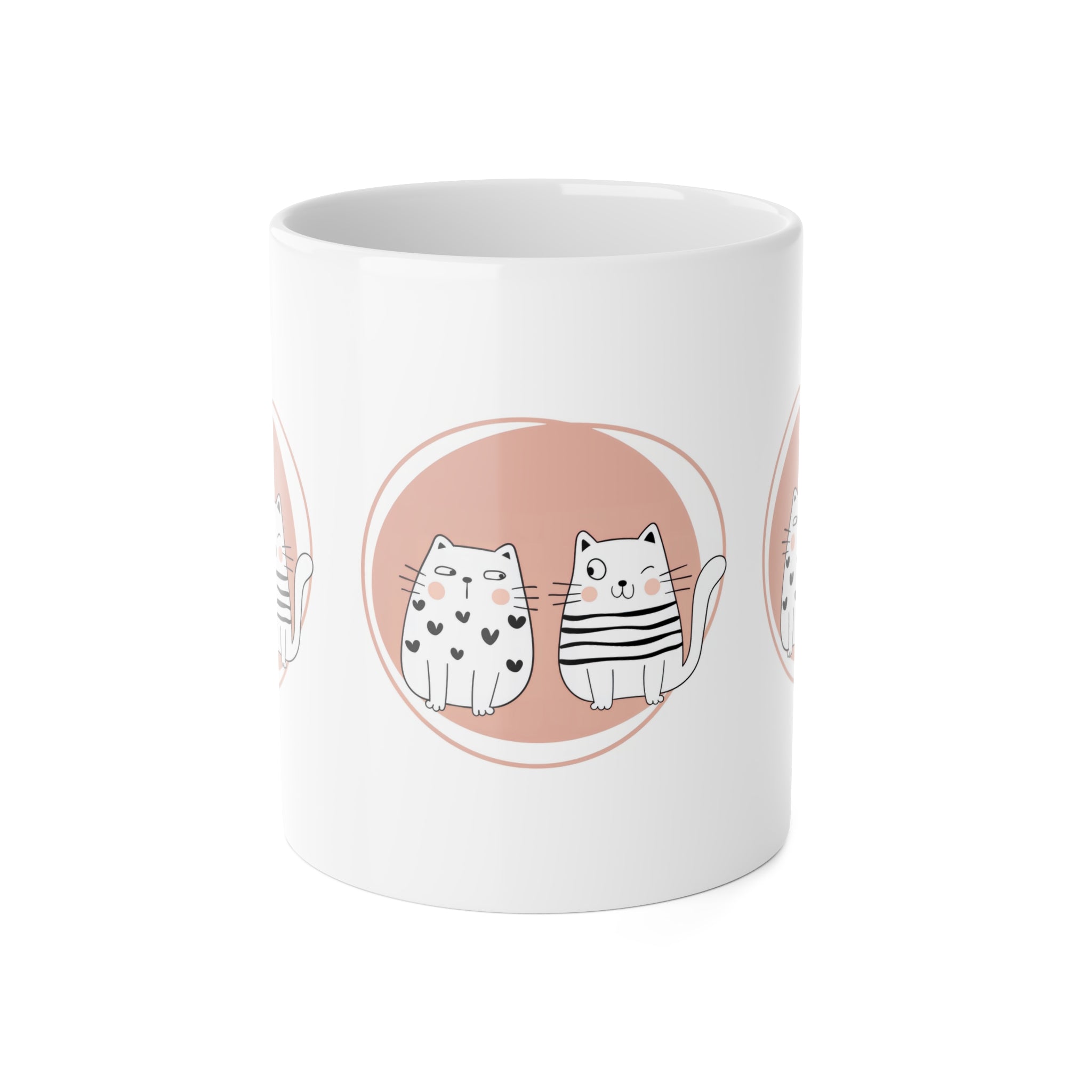Cat Duo Ceramic Mug — Cute Kawaii Cats on Blush Circle, 11oz Coffee Cup