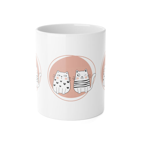 Cat Duo Ceramic Mug — Cute Kawaii Cats on Blush Circle, 11oz Coffee Cup