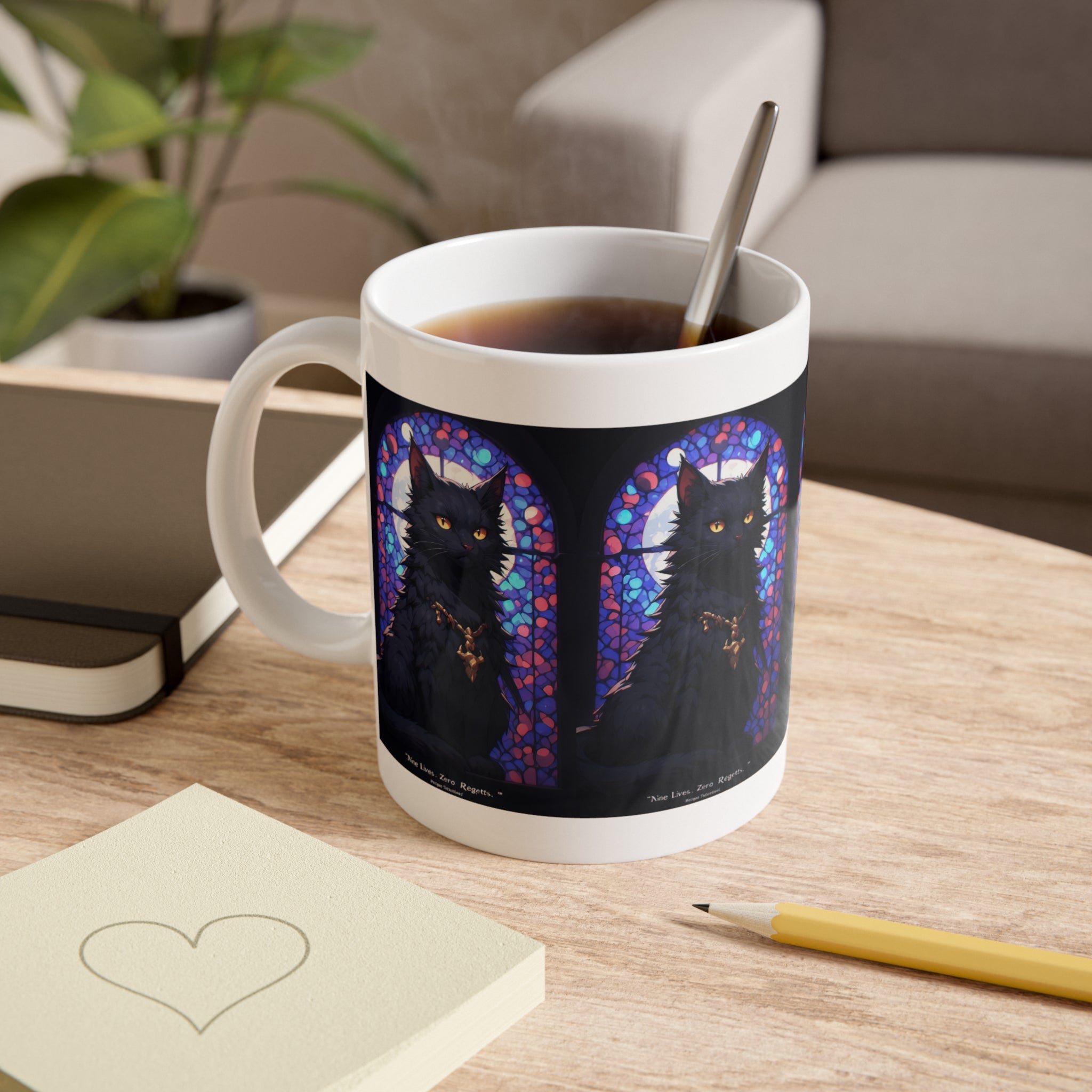Black Cat Stained Glass Mug — Gothic Cat Coffee Cup with Amber Eyes
