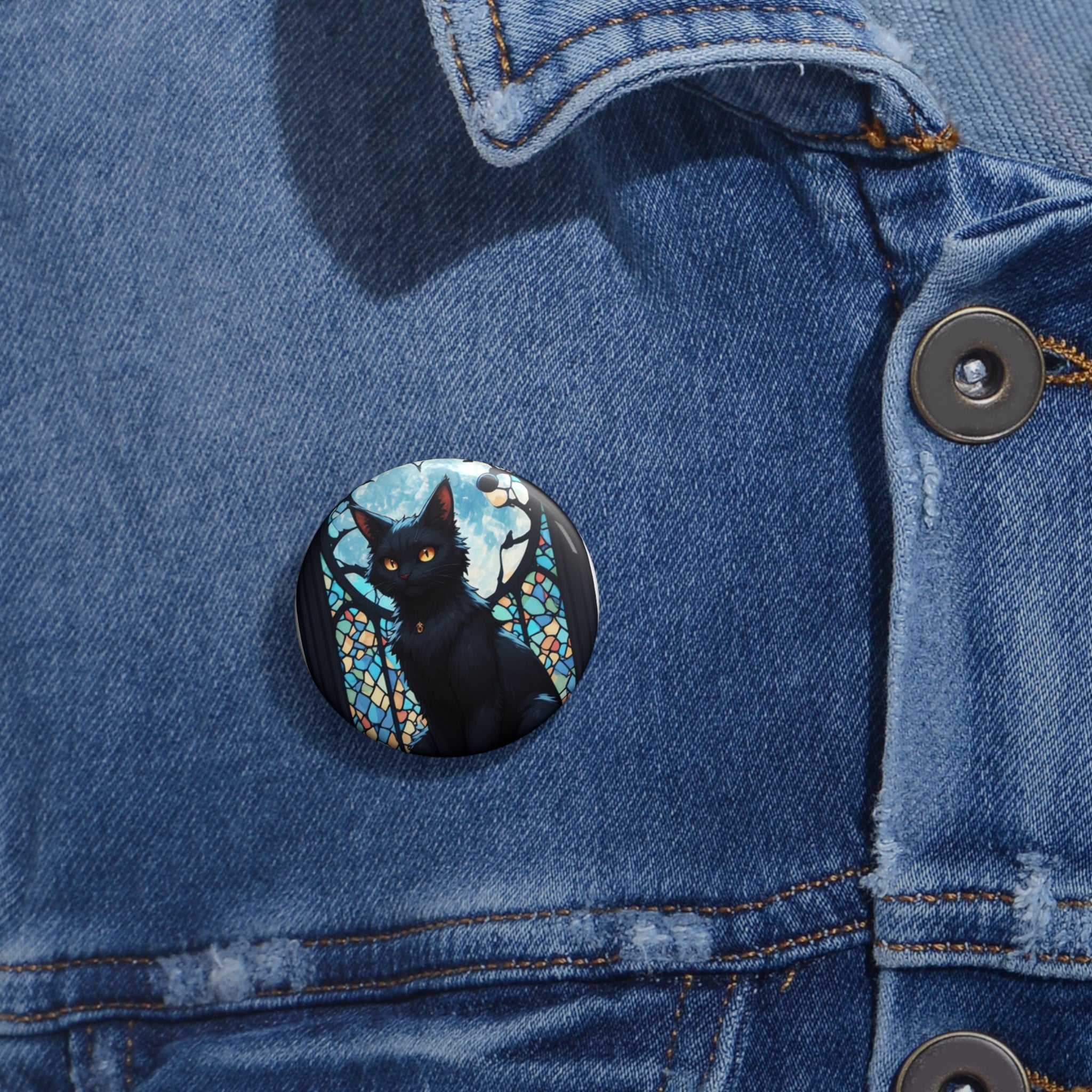 Black Cat Stained Glass Pin Button — Gothic Moonlapel Pin