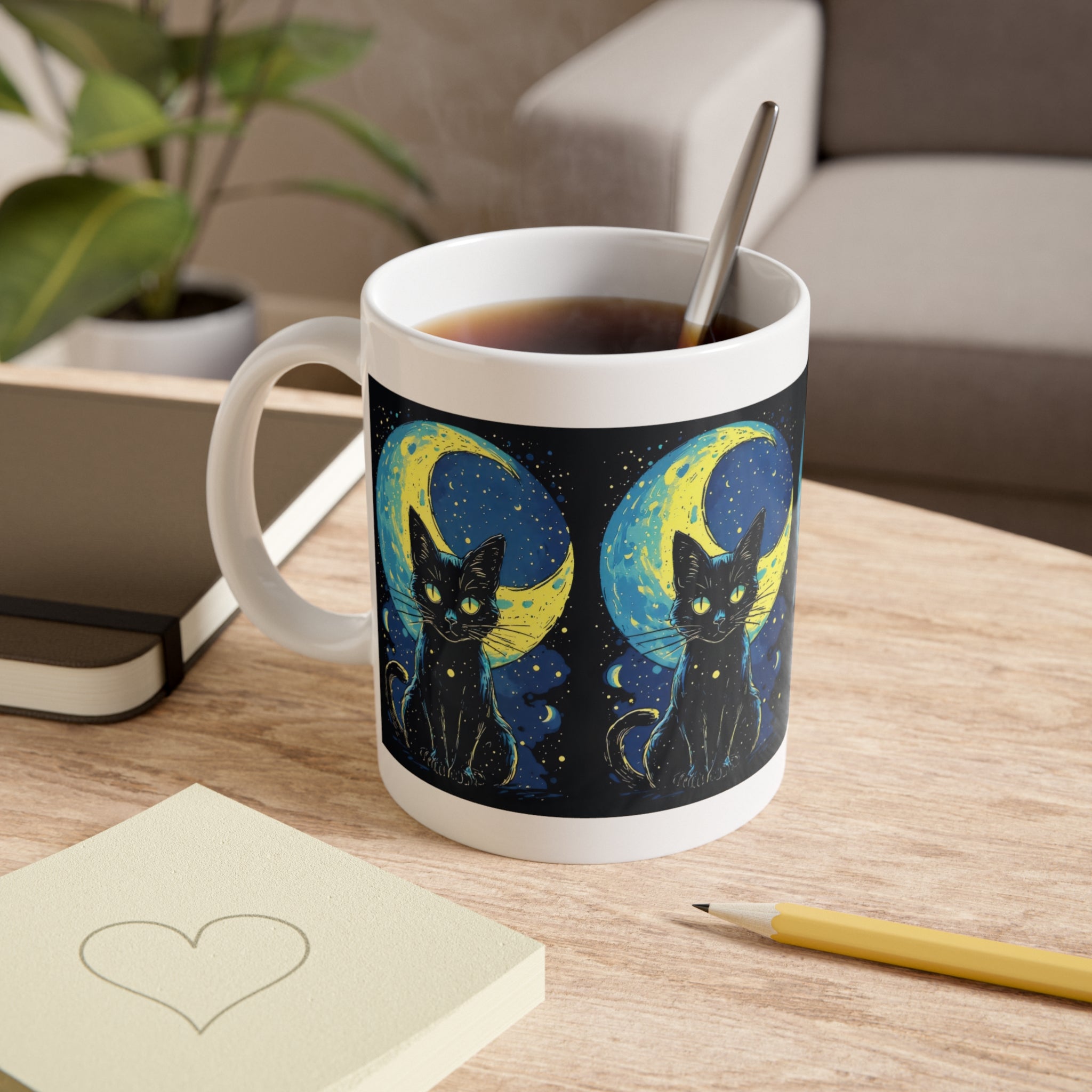 Black Cat Moon Mug — Cute Night Sky Ceramic Coffee Cup