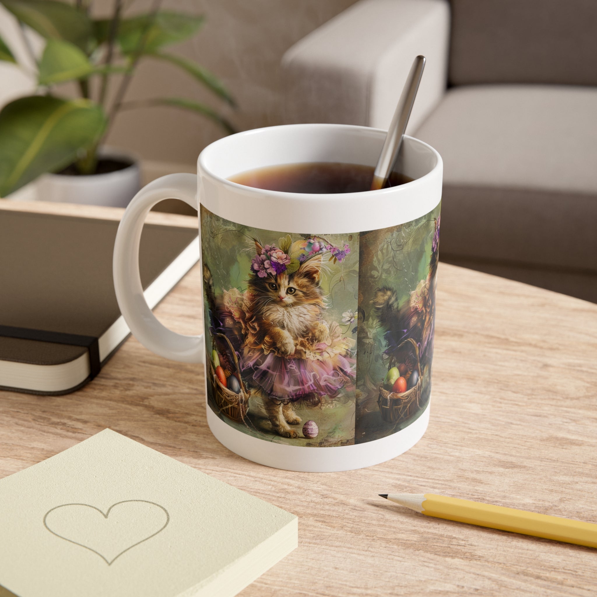 Easter Kitten Ceramic Mug — Vintage Floral Cat in Tutu 11oz