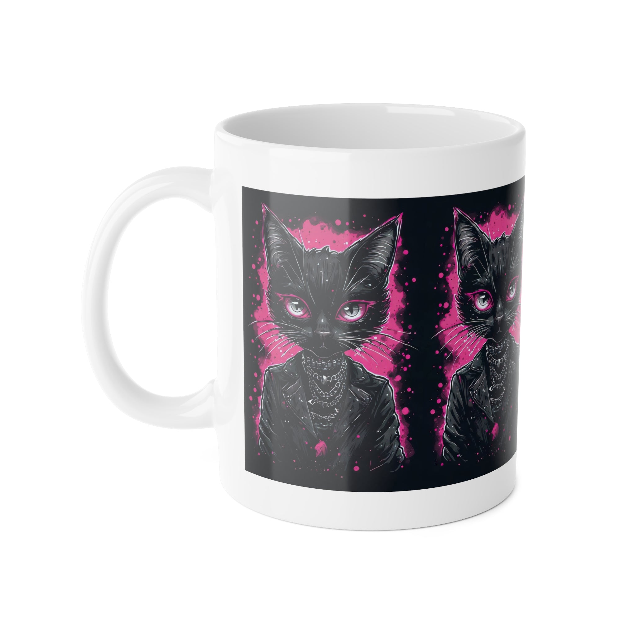 Gothic Black Cat Mug — Pink Neon Kitty Portrait Ceramic Coffee Cup, Cute Alternative Gift