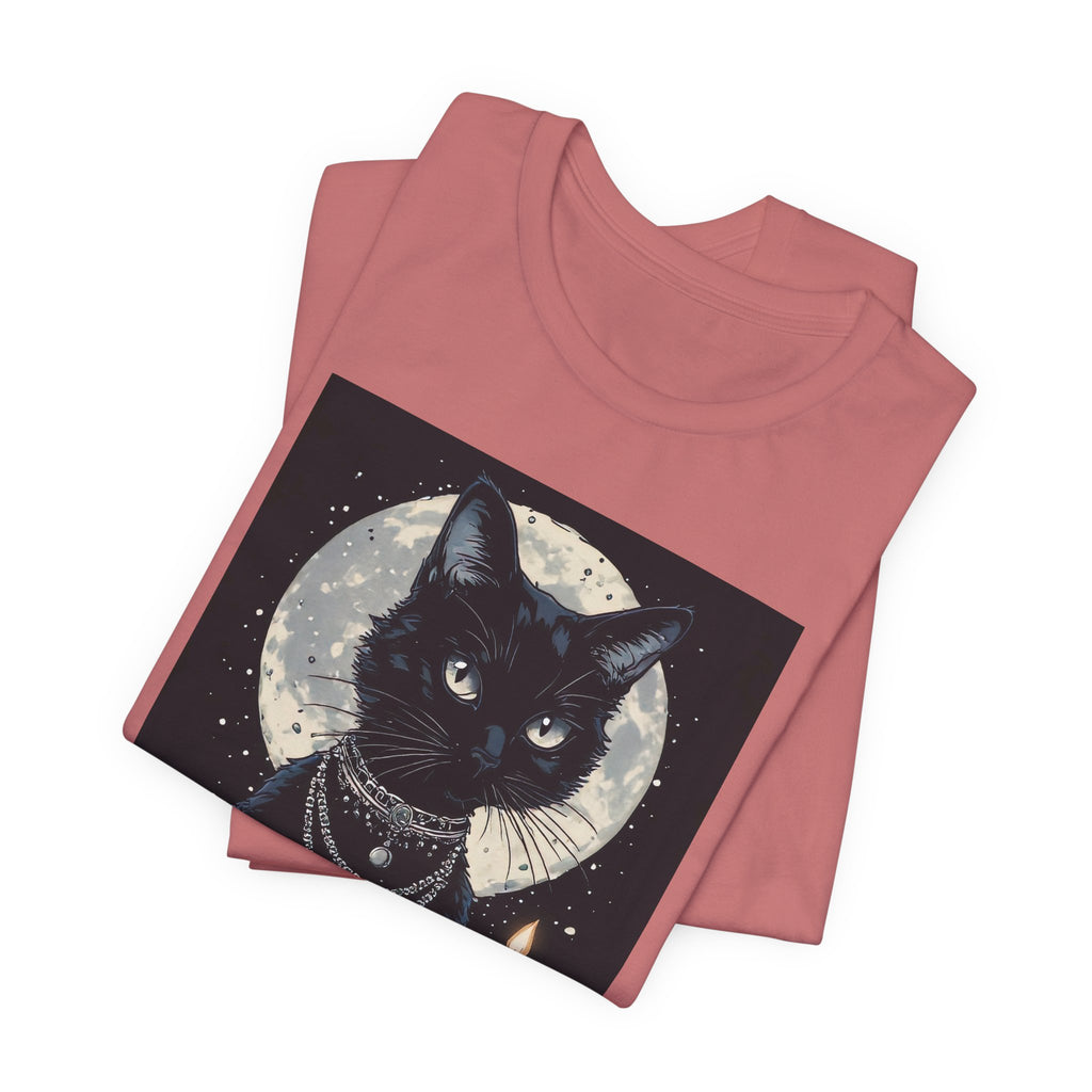 Mystic Moon Black Cat Tee — Gothic Cat T-Shirt with Candles & Crescent Moon