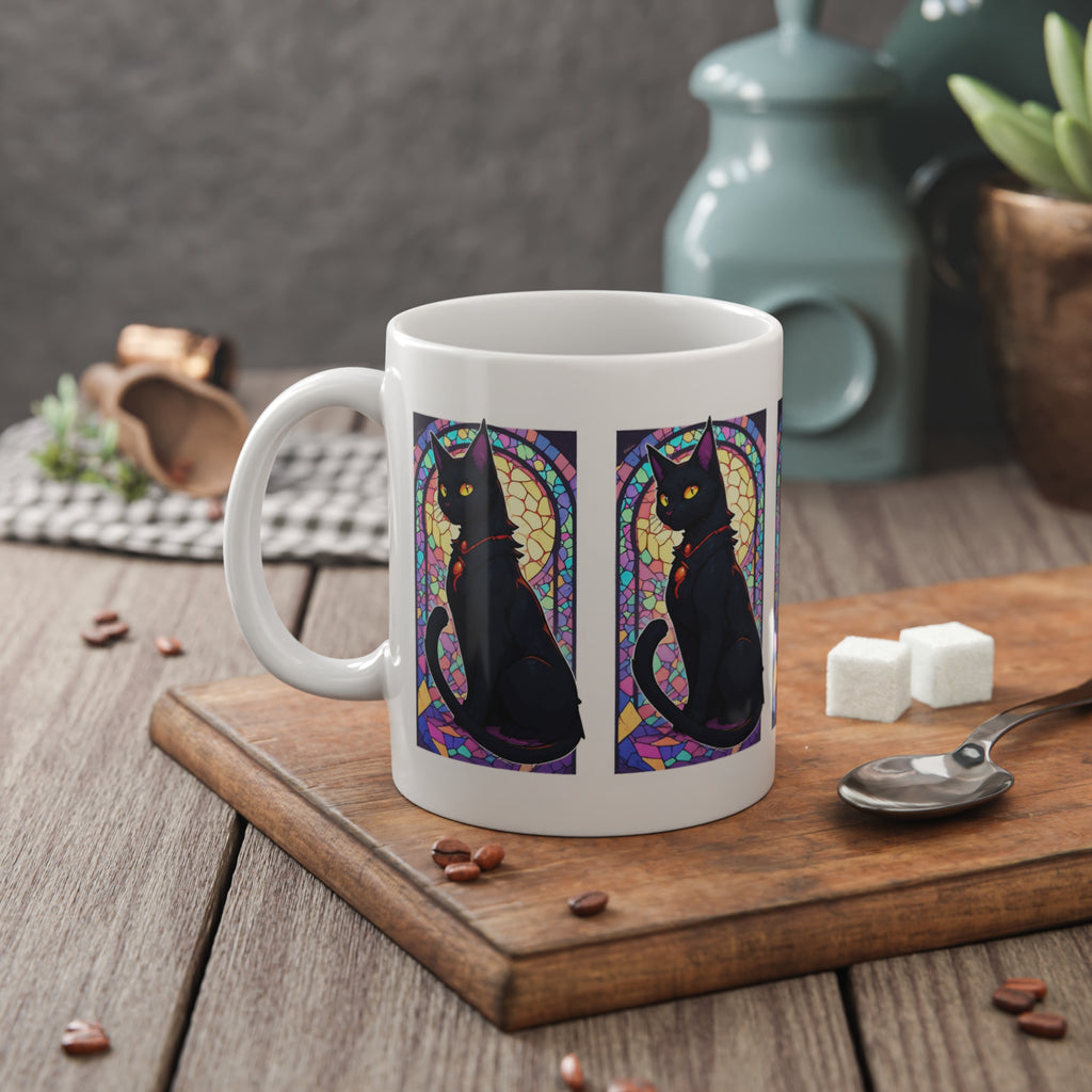 Black Cat Stained Glass Ceramic Mug — 11oz Gothic Cat Coffee Cup