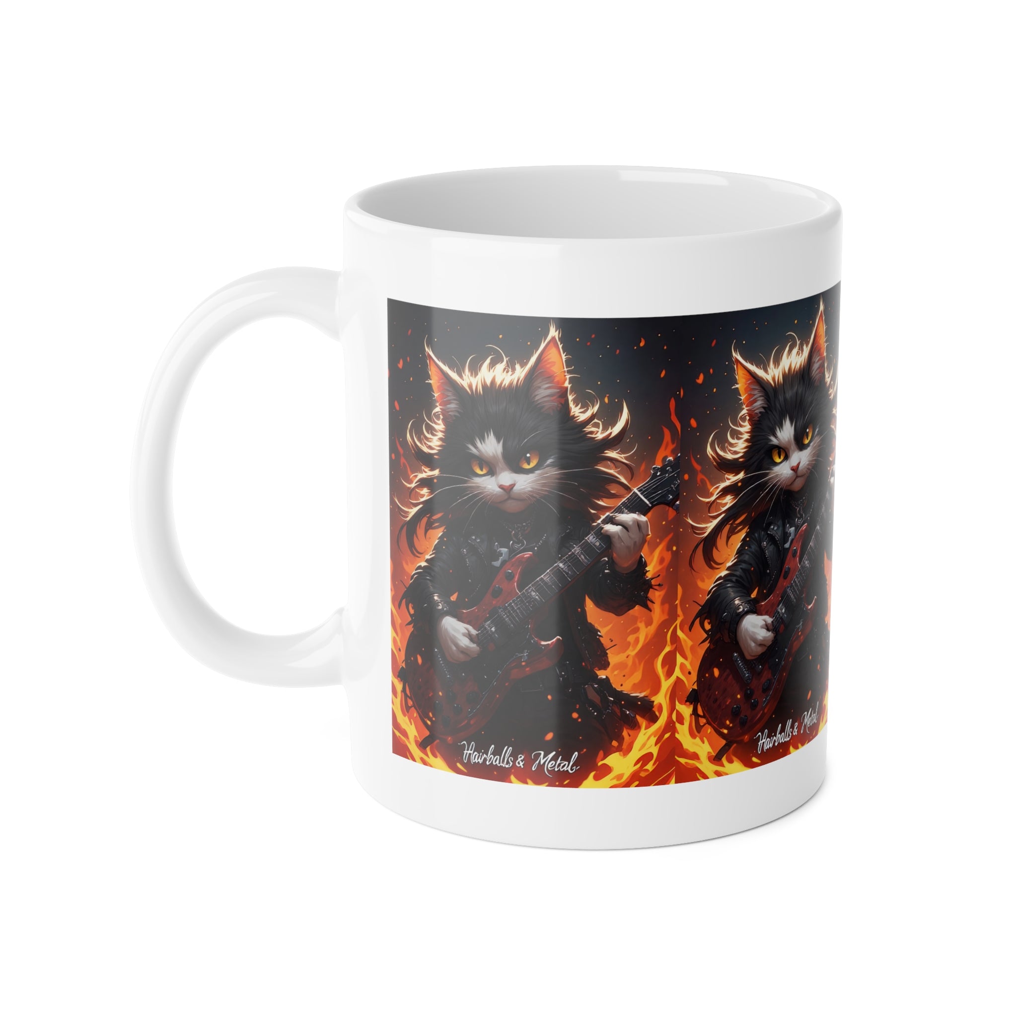 Rock Cat Mug — Cute Black Cat Playing Electric Guitar with Flames, 11oz Ceramic Coffee Cup