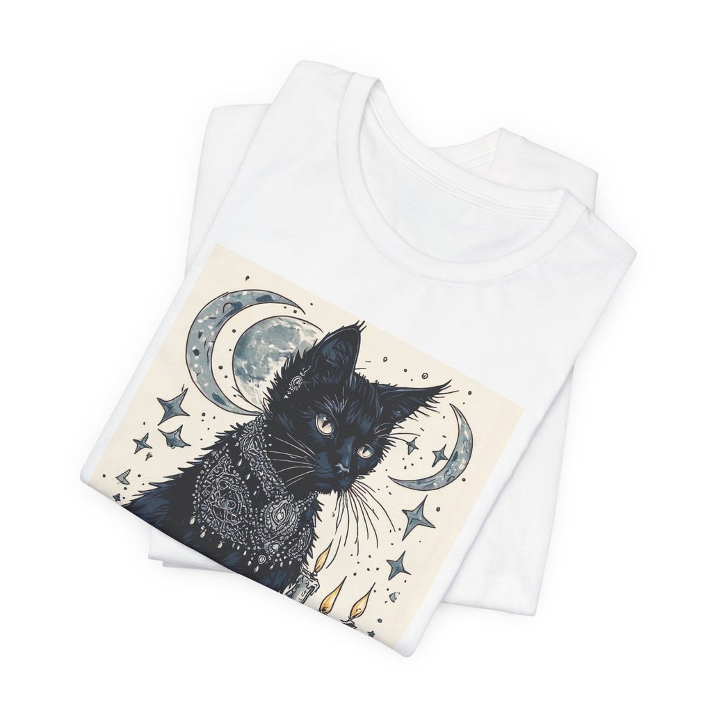 Mystic Black Cat T-Shirt — Moon, Candles & Starry Witchy Design