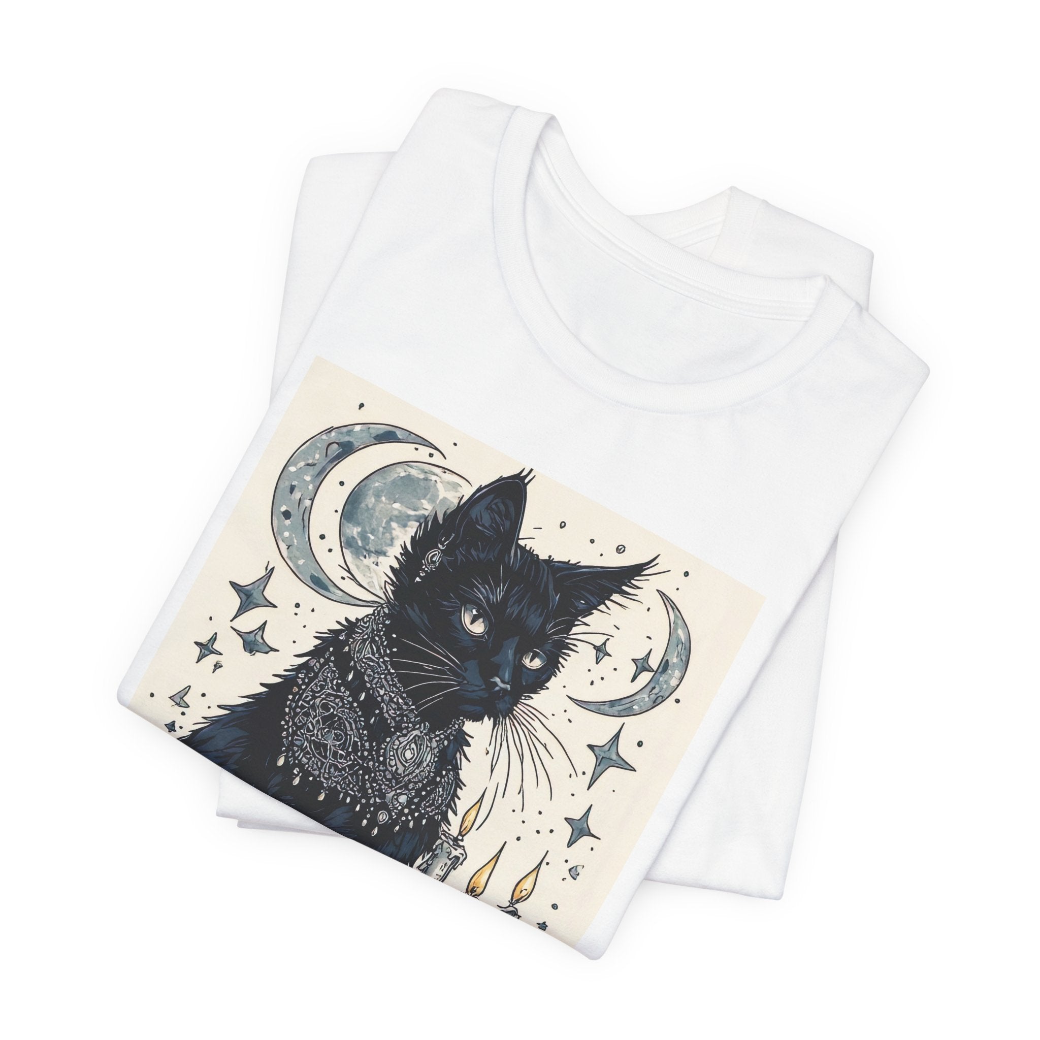 Mystic Black Cat T-Shirt — Moon, Candles & Starry Witchy Design
