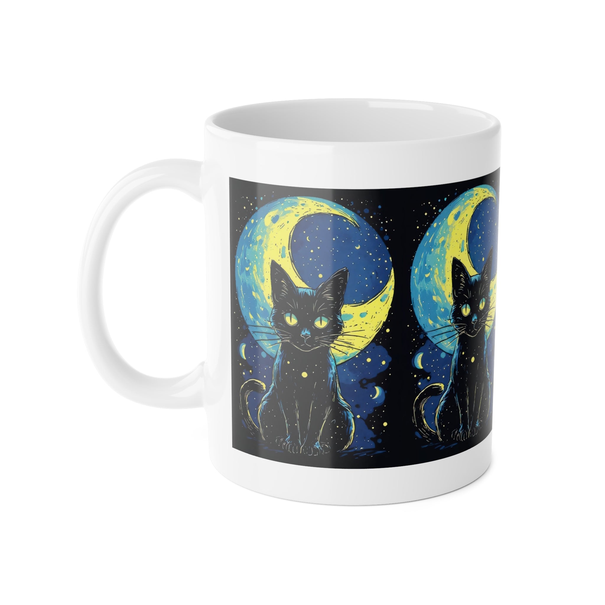 Black Cat Moon Mug — Cute Night Sky Ceramic Coffee Cup