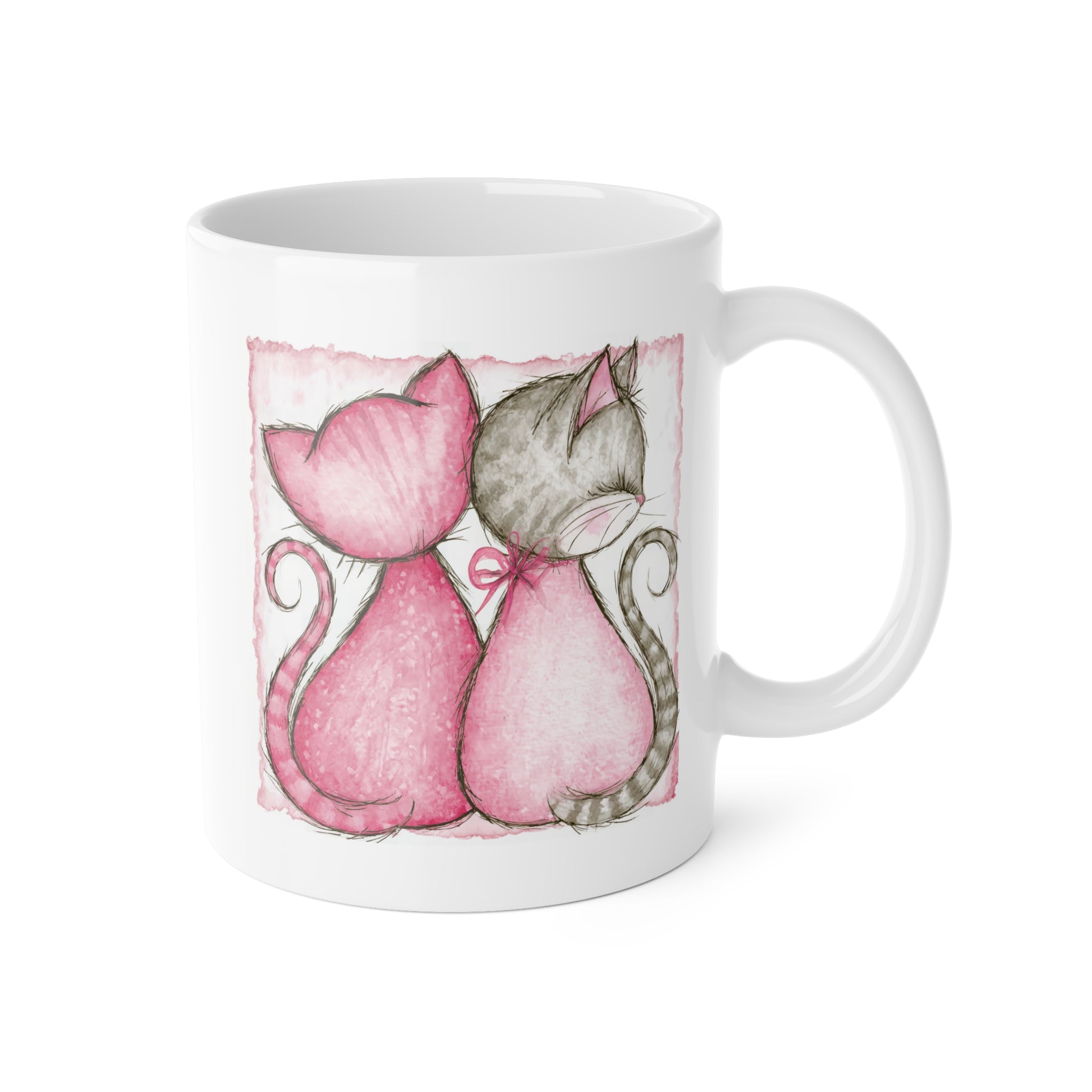 Pink Cats Ceramic Mug — Cute Pairing Cat Illustration, Romantic Gift 11oz
