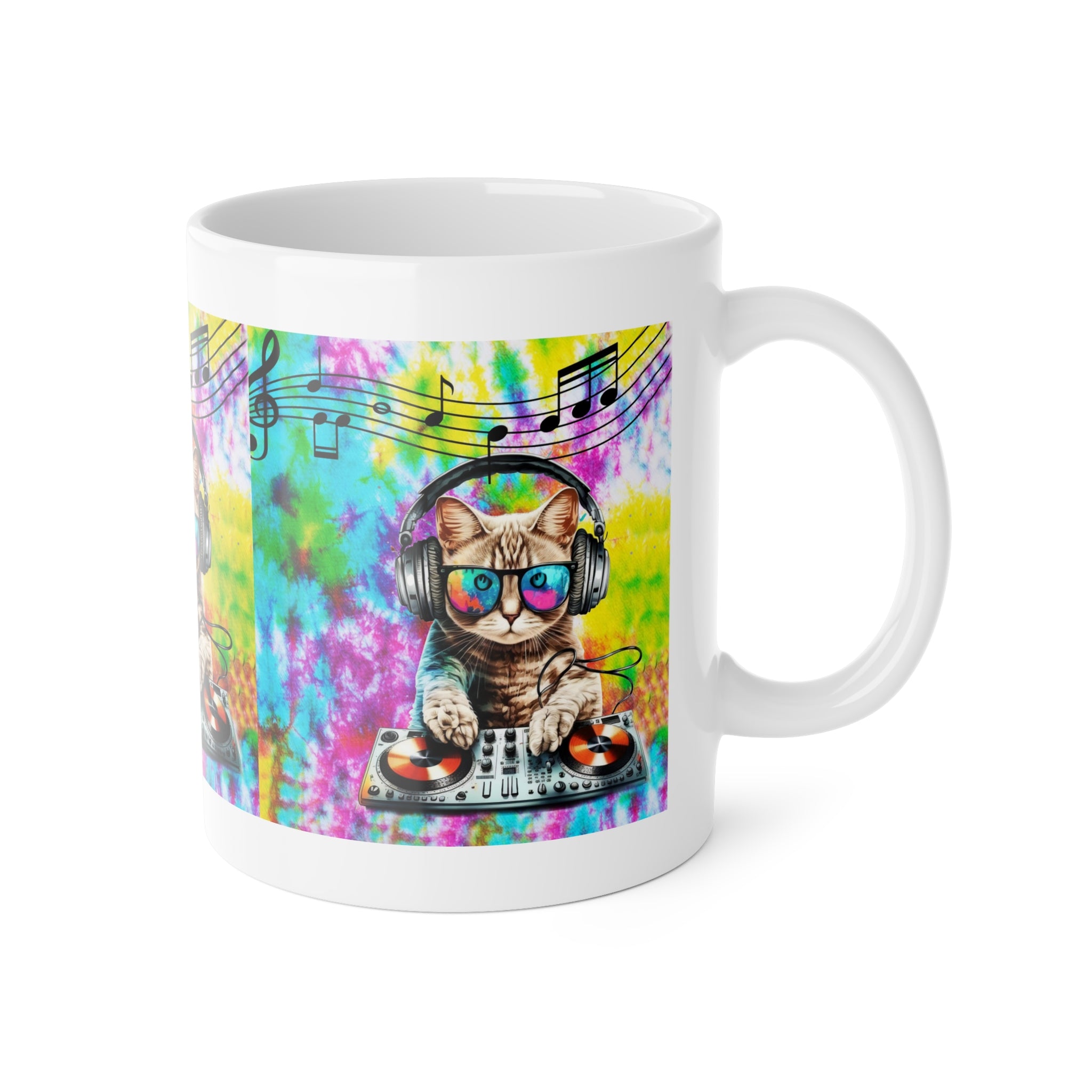DJ Cat Tie-Dye Ceramic Mug — Cute Cat with Headphones & Music Notes, 11oz