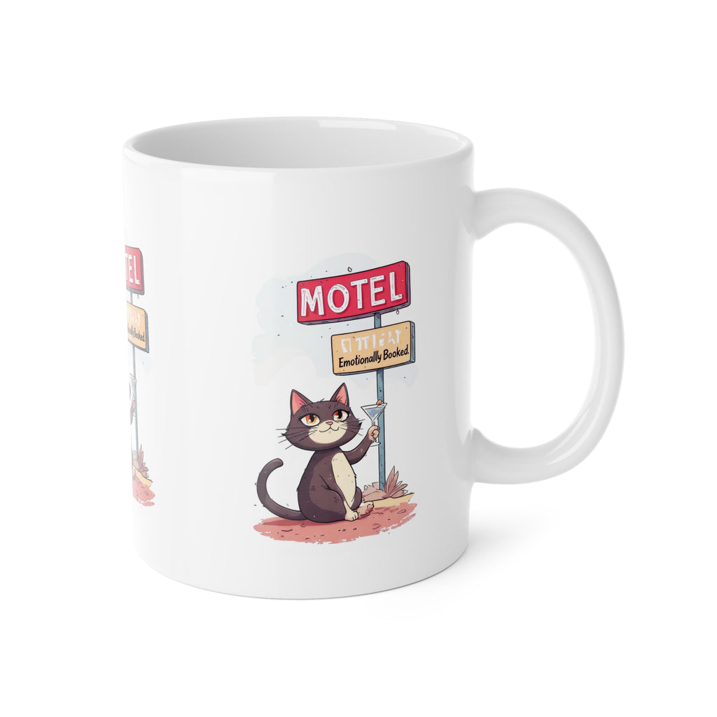 Motel Cat Ceramic Mug — 'Emotionally Booked' Cute Cat Coffee Cup, 11oz