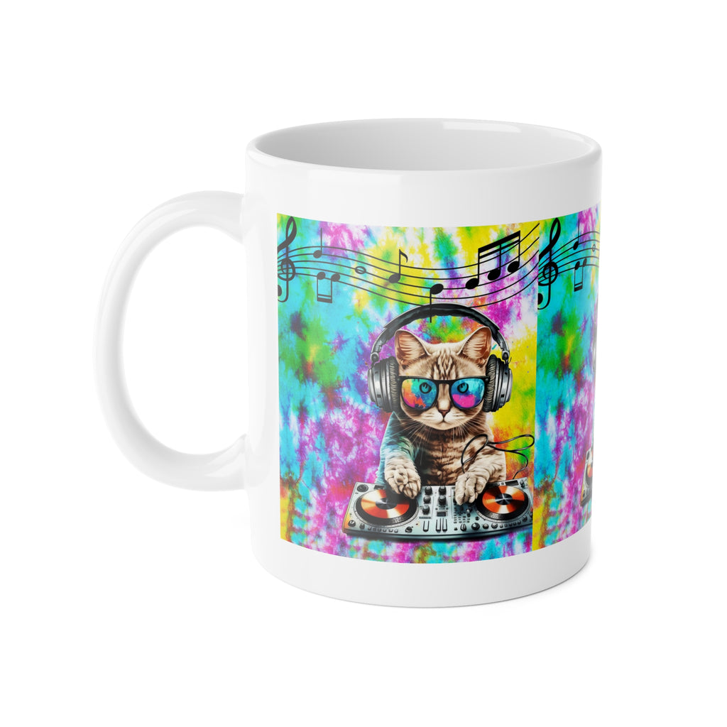 DJ Cat Tie-Dye Ceramic Mug — Cute Cat with Headphones & Music Notes, 11oz