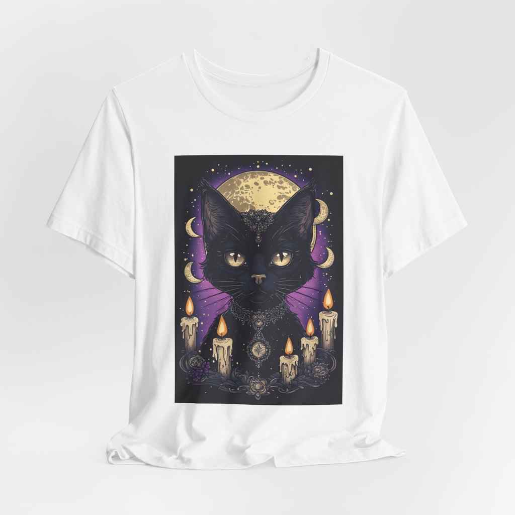 Mystic Black Cat Tee — Moon, Candles & Crescent Phases Graphic T-Shirt