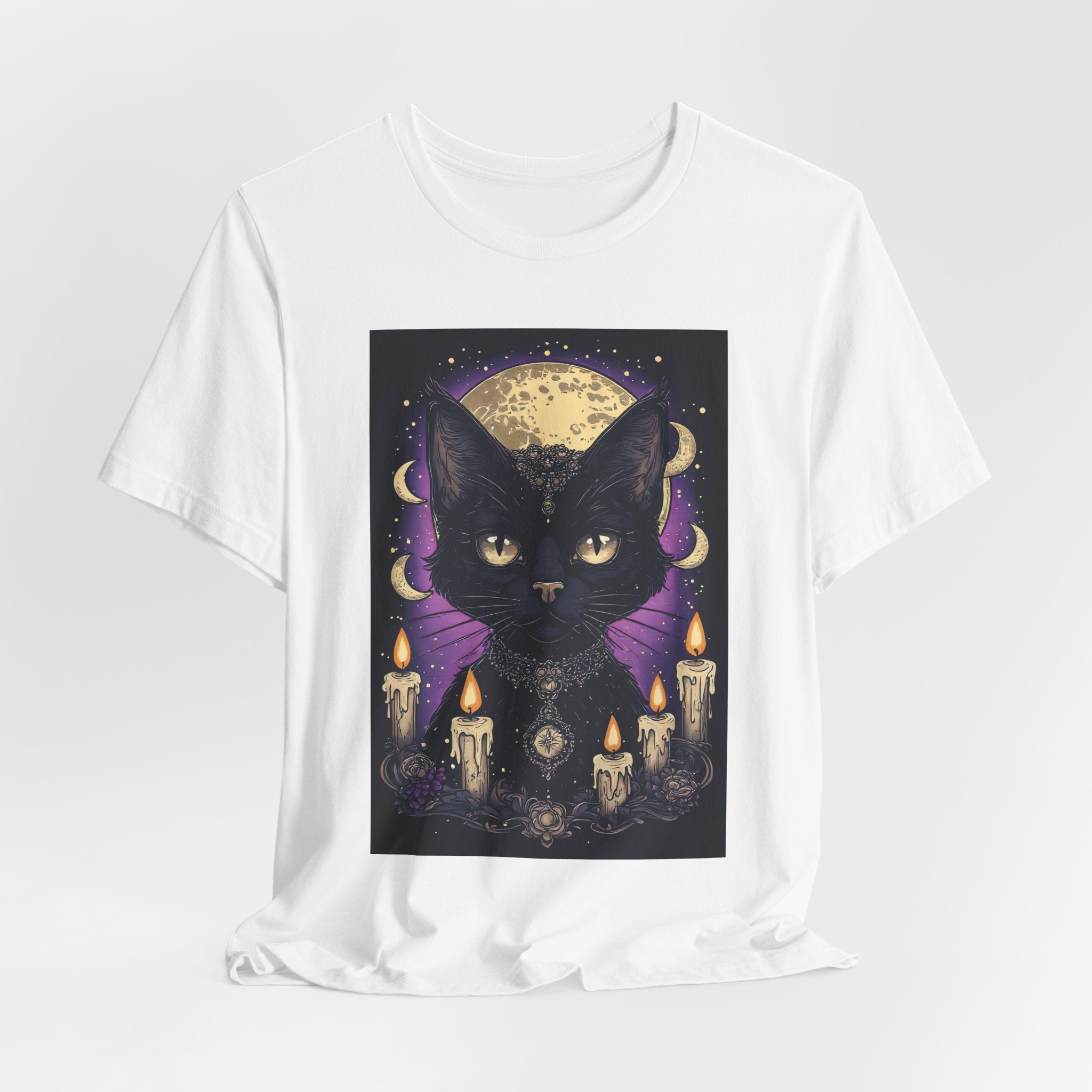 Mystic Black Cat Tee — Moon, Candles & Crescent Phases Graphic T-Shirt