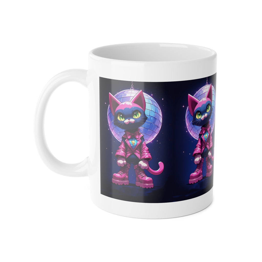 Retro Disco Cat Mug — Neon 80s Cyberpunk Coffee Cup