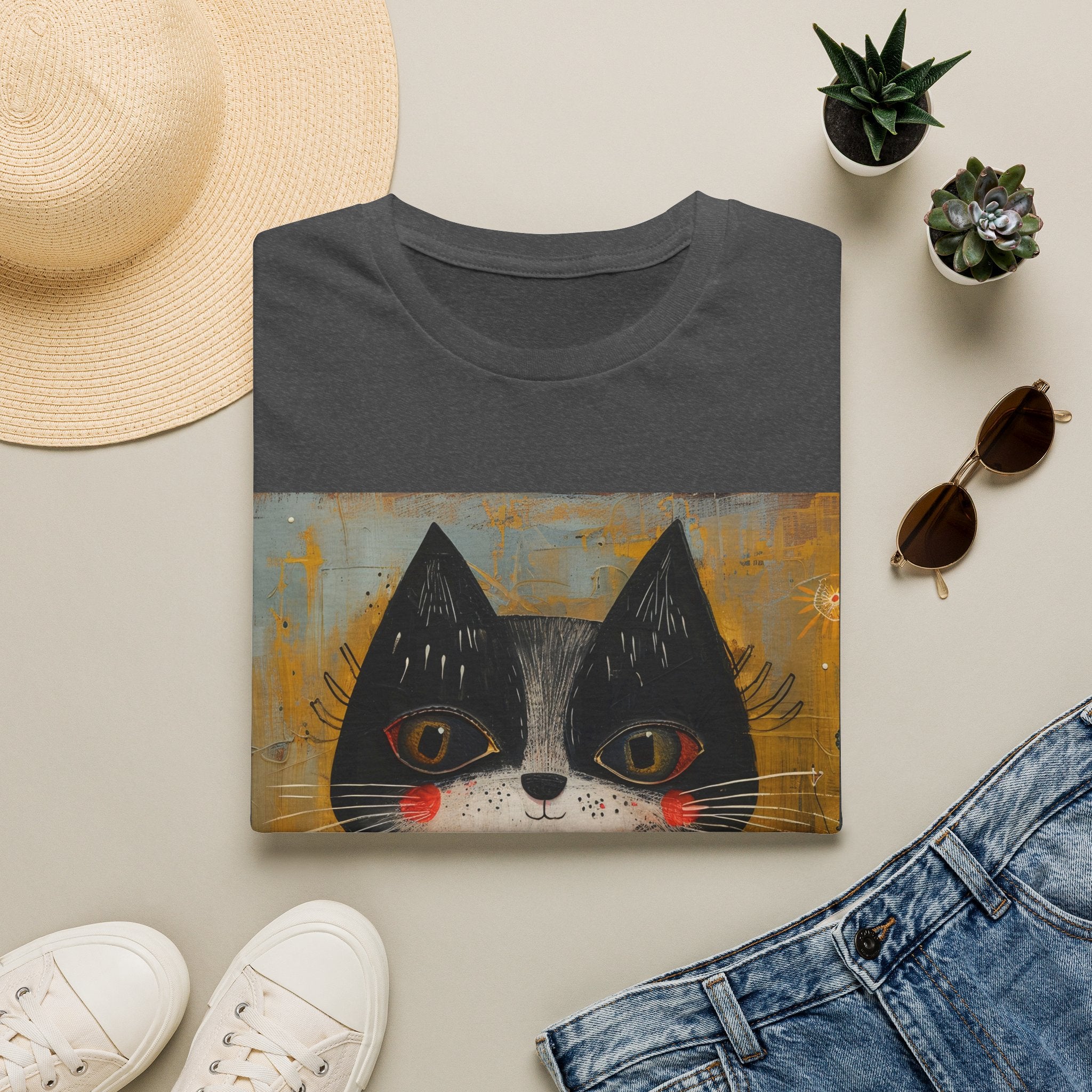 Whimsical Black & White Cat Tee — Cute Floral Portrait T-Shirt