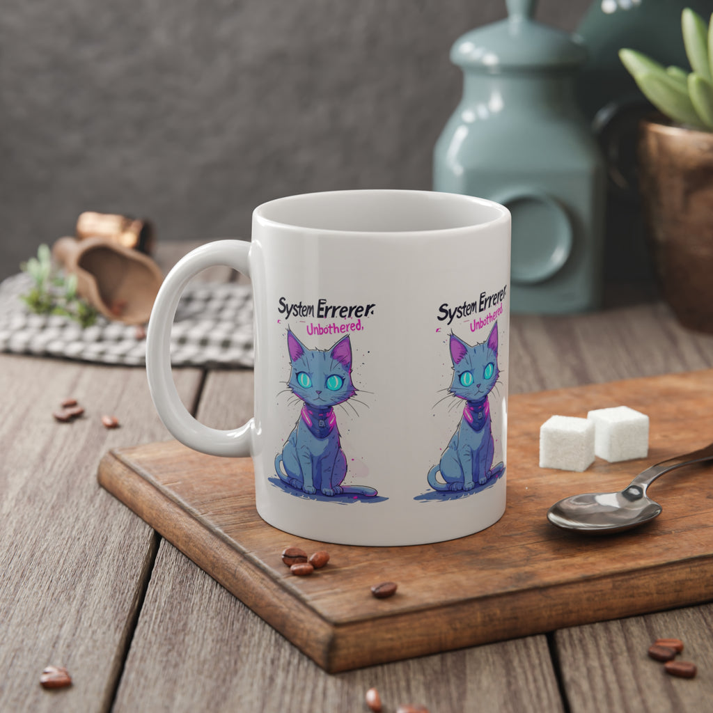 Ceramic Mug — "System Errerer: Unbothered" Blue Galaxy Cat Coffee Cup