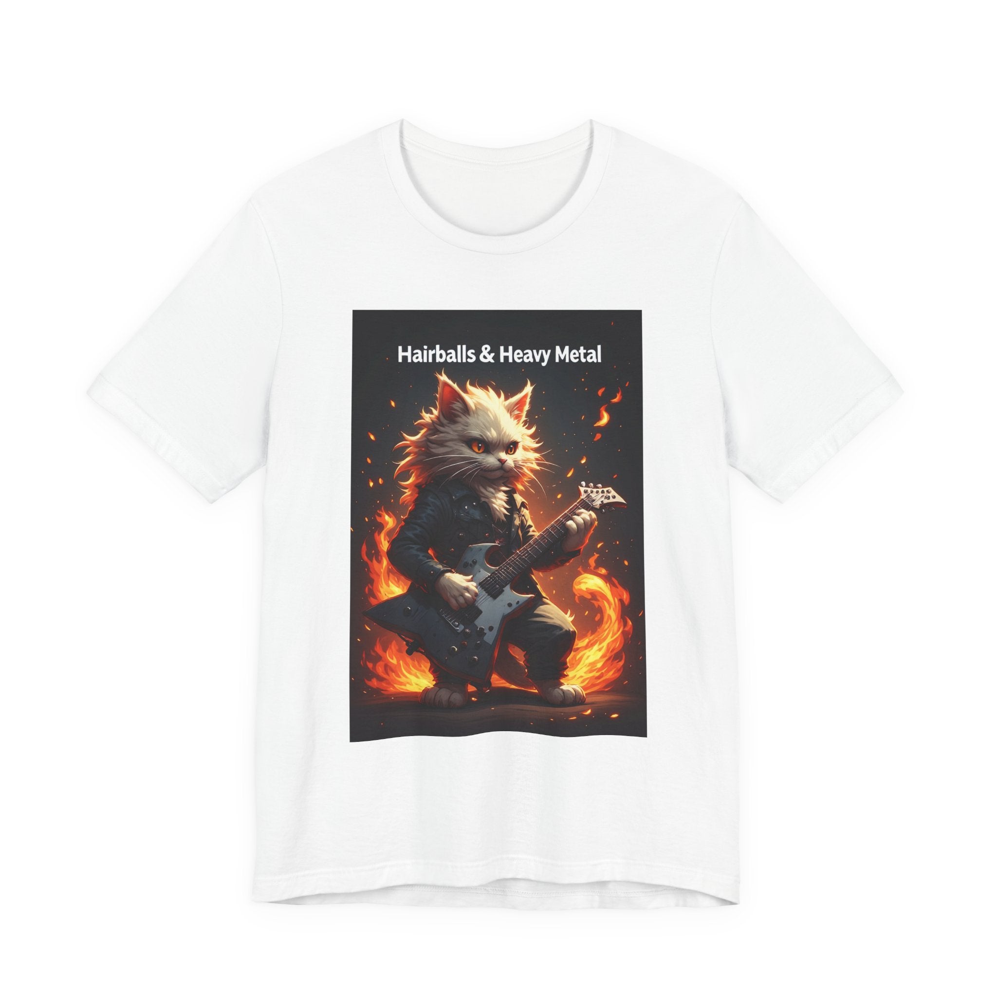 Hairballs & Heavy Metal T-Shirt - Flaming Cat Guitar Rock Tee
