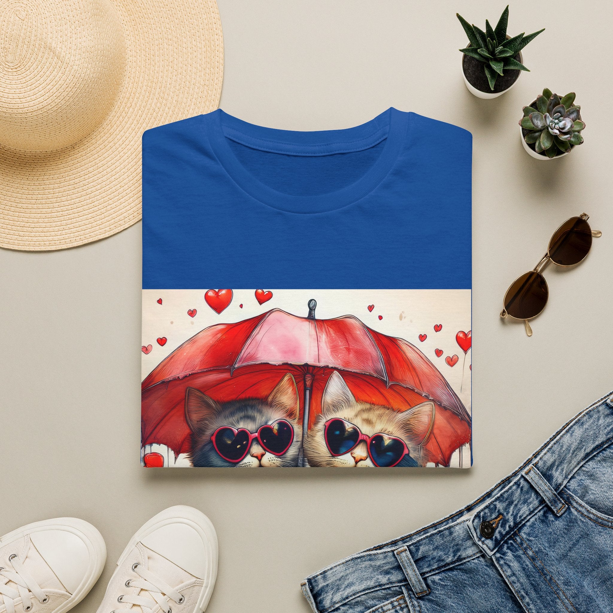 Cat Love T-Shirt — Kittens with Heart Sunglasses Under Red Umbrella