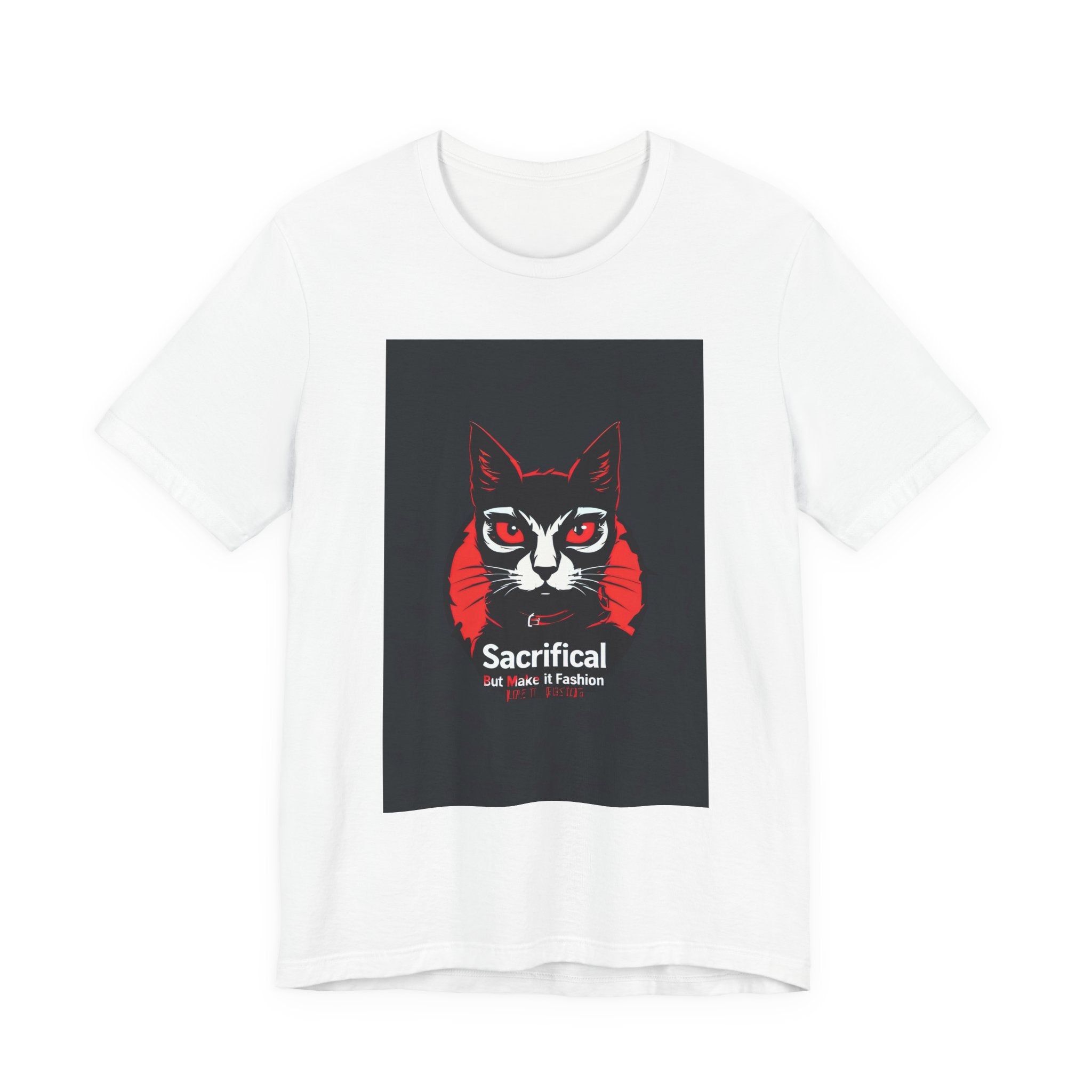 Sacrificial Cat Graphic Tee — Red & Black Retro Cat Portrait T-Shirt
