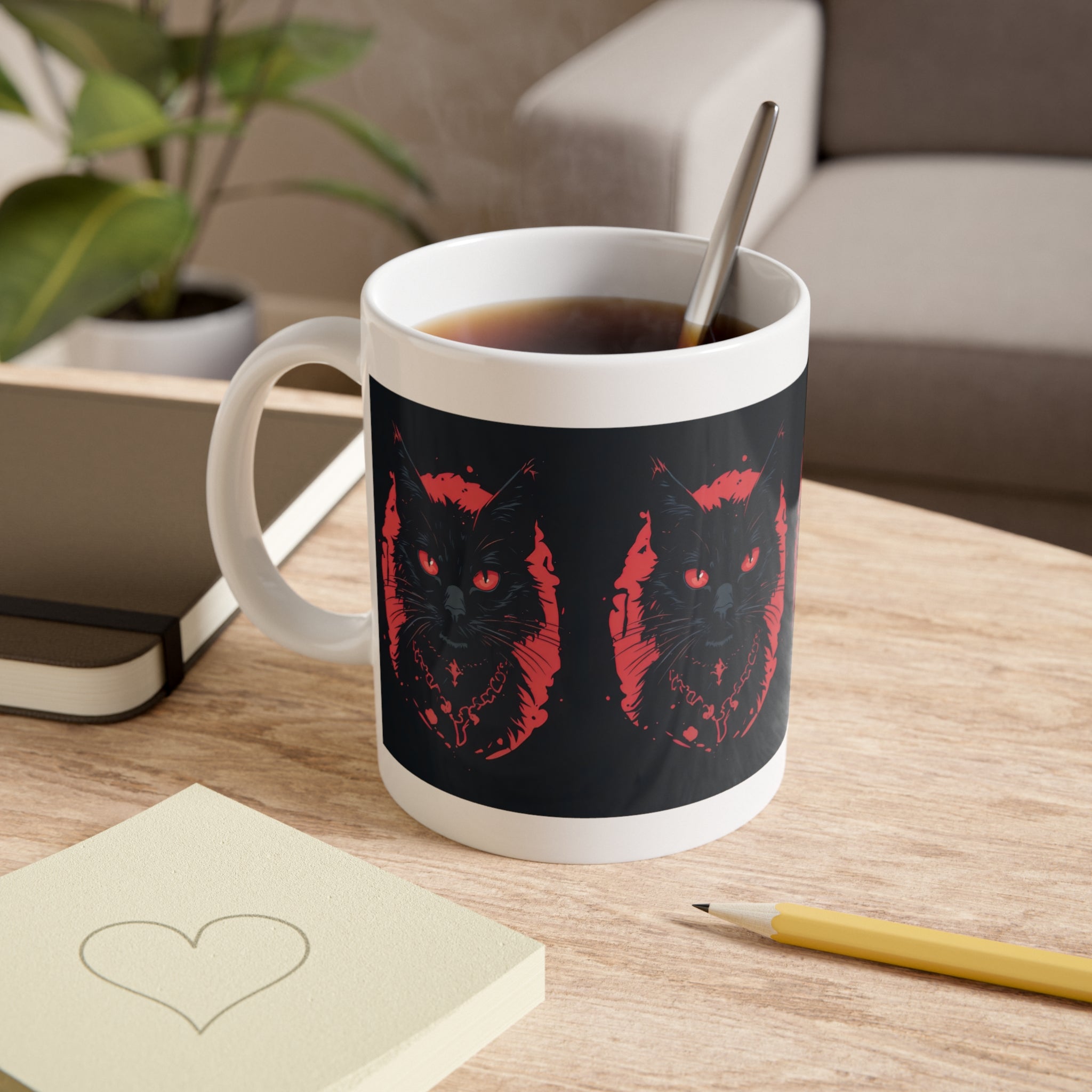 Black Cat Portrait Mug — Gothic Red & Black Ceramic Coffee Cup