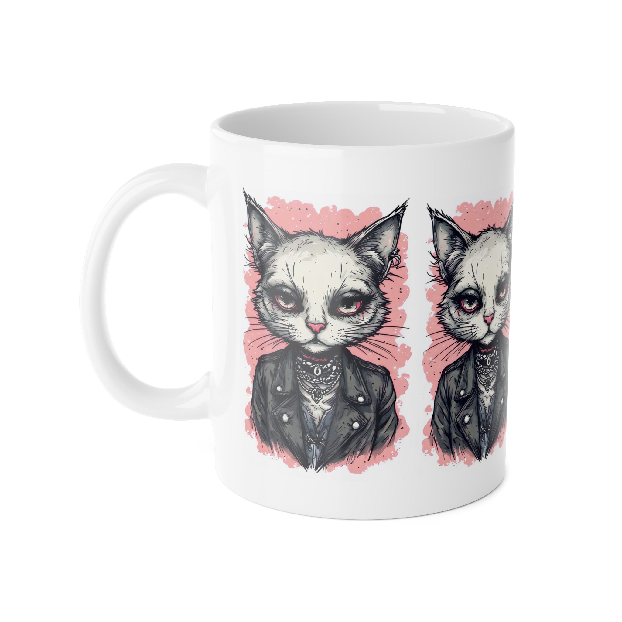 Goth Cat Mug — Punk Cat Portrait Ceramic Coffee Cup (11oz)