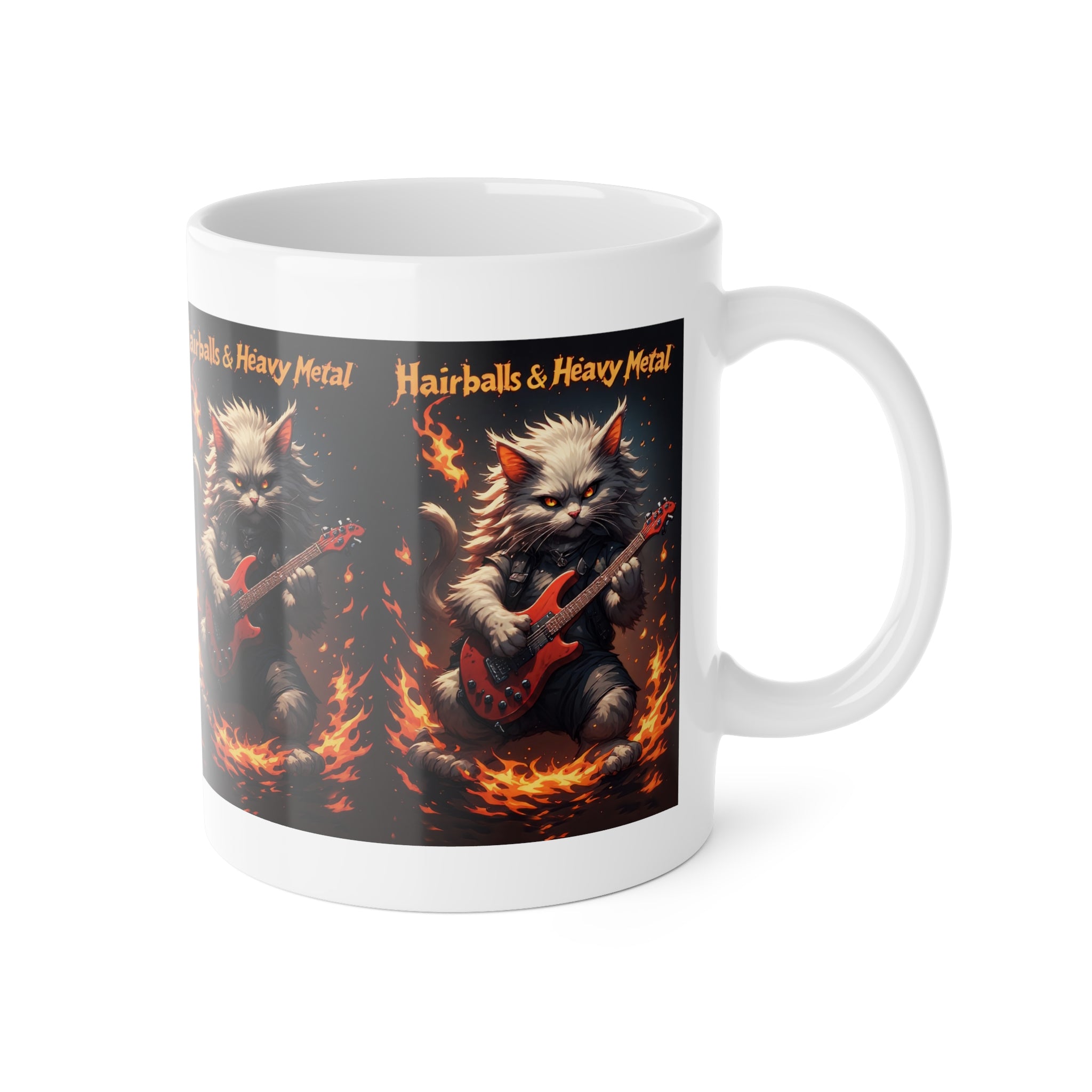 Ceramic Mug — 'Hairballs & Heavy Metal' Flaming Guitar Cat Coffee Mug
