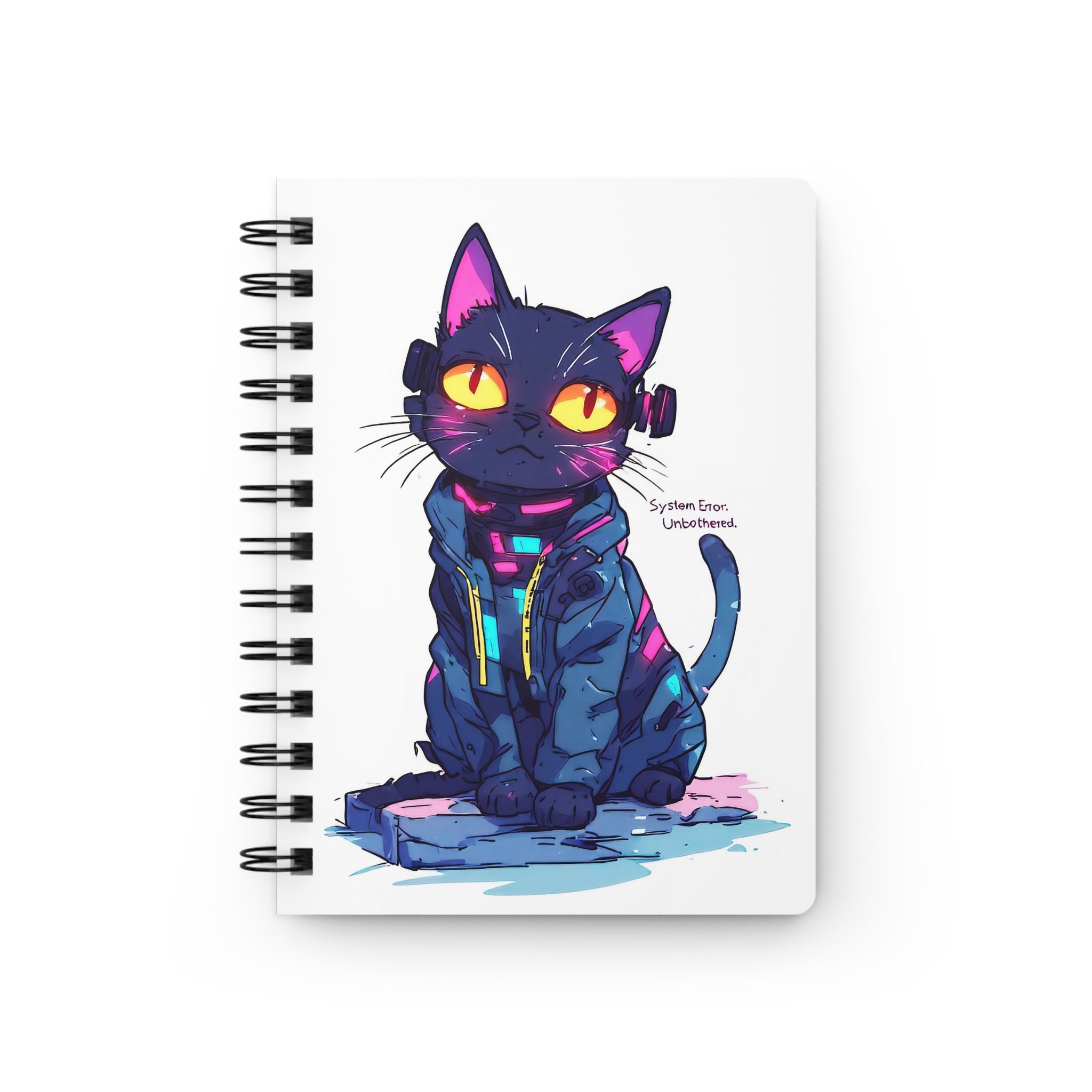 Cyberpunk Cat Spiral Journal — Neon Kitty Notebook with 'System Error: Unprecedented' Design