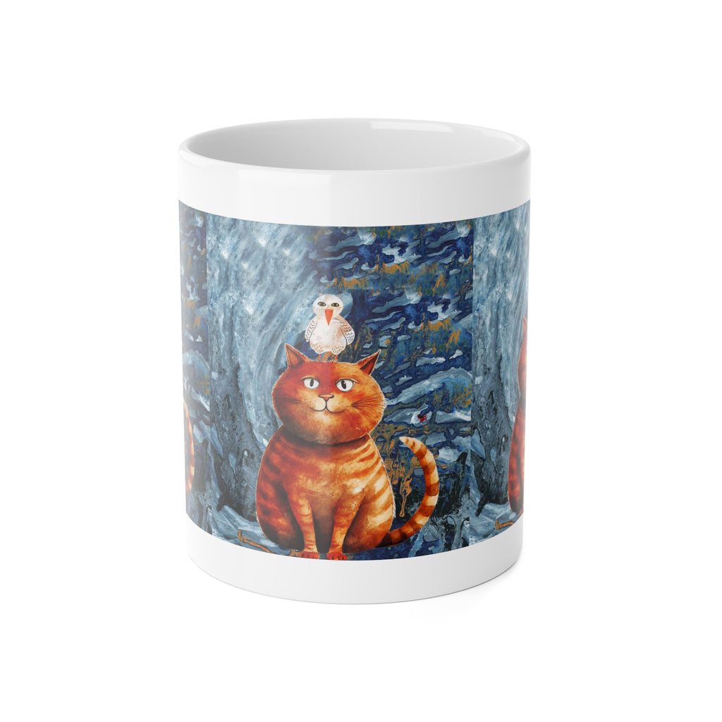 Cat & Bird Winter Mug — Whimsical Illustrated Cat with Snowy Forest Scene, 11oz Ceramic