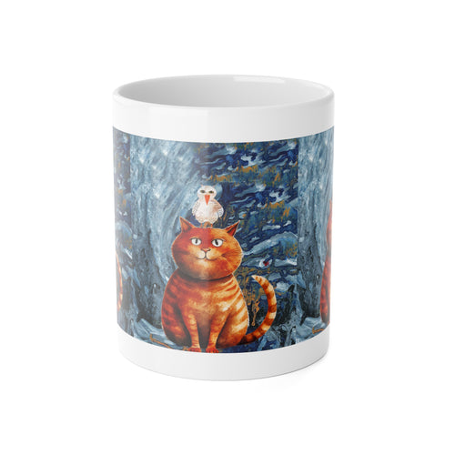 Cat & Bird Winter Mug — Whimsical Illustrated Cat with Snowy Forest Scene, 11oz Ceramic
