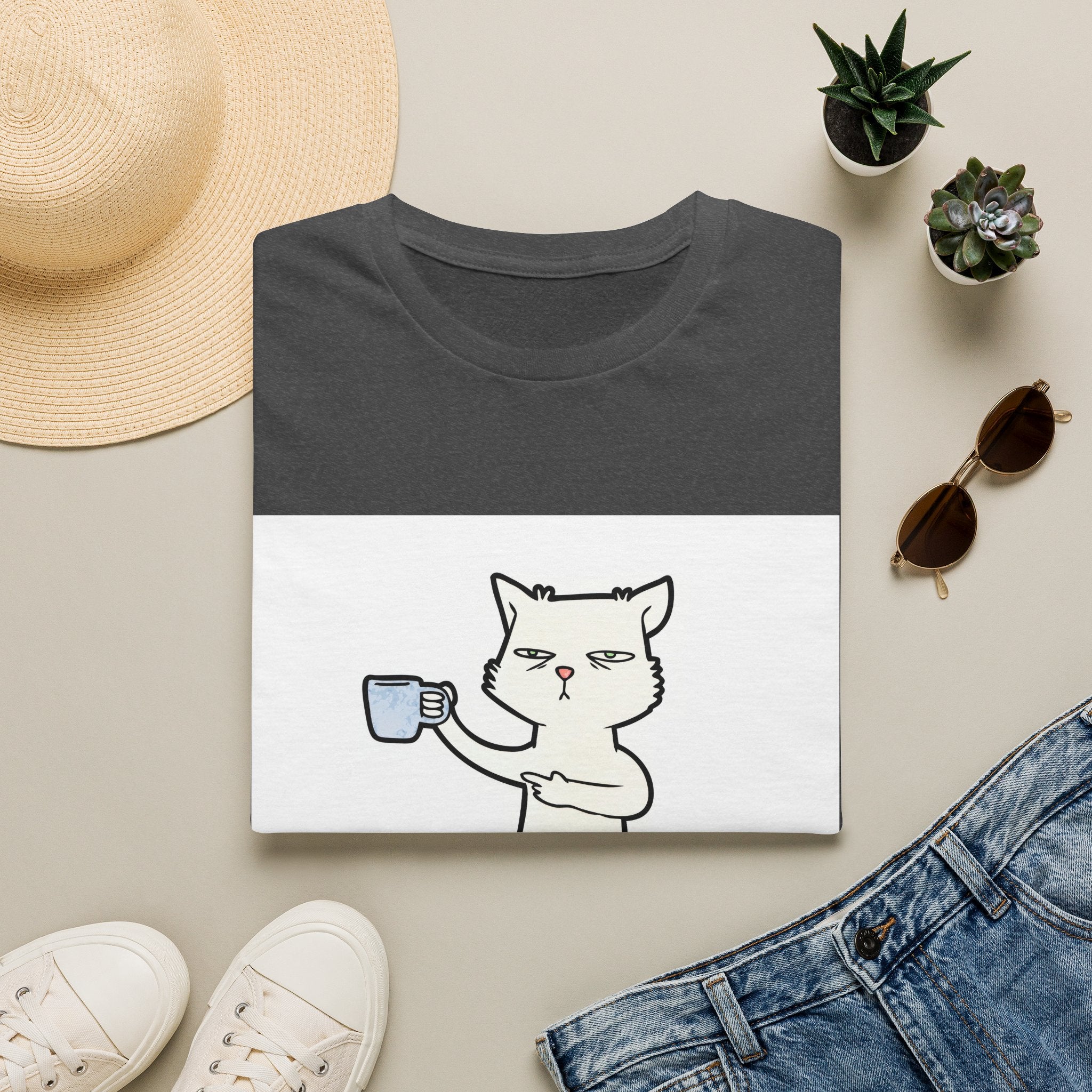Cat with Coffee T‑Shirt — "First I Drink The Coffee, Then I Do The Things" Cute Lazy Cat Tee