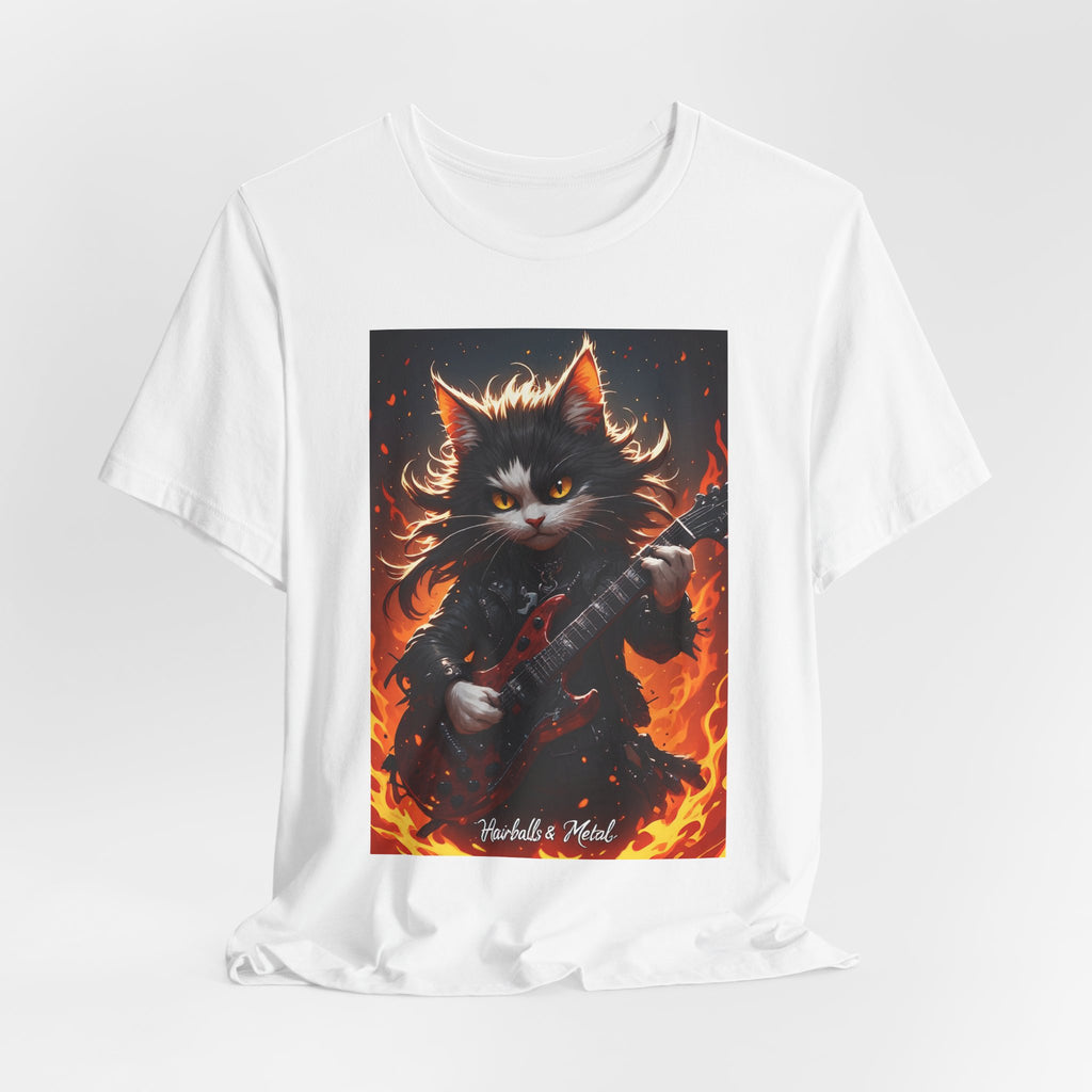 Flaming Rock Cat T‑Shirt — Guitarist Kitty in Flames Graphic Tee